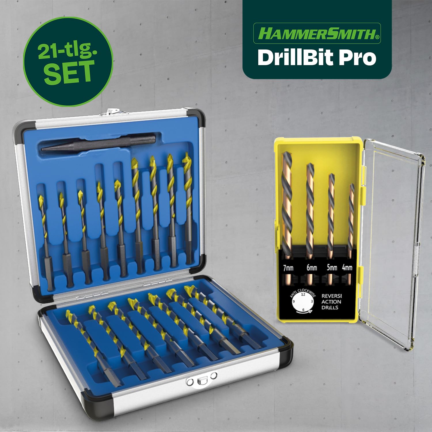 Hammersmith DrillBit Pro - 21tlg. Bohrer Set mit Sechskantschaft - Bohrerset für Metall, Holz, Stein, Glas & Beton - präzise & langlebig - Zubehör Bohrmaschine - Holzbohrer, Steinbohrer, Metallbohrer