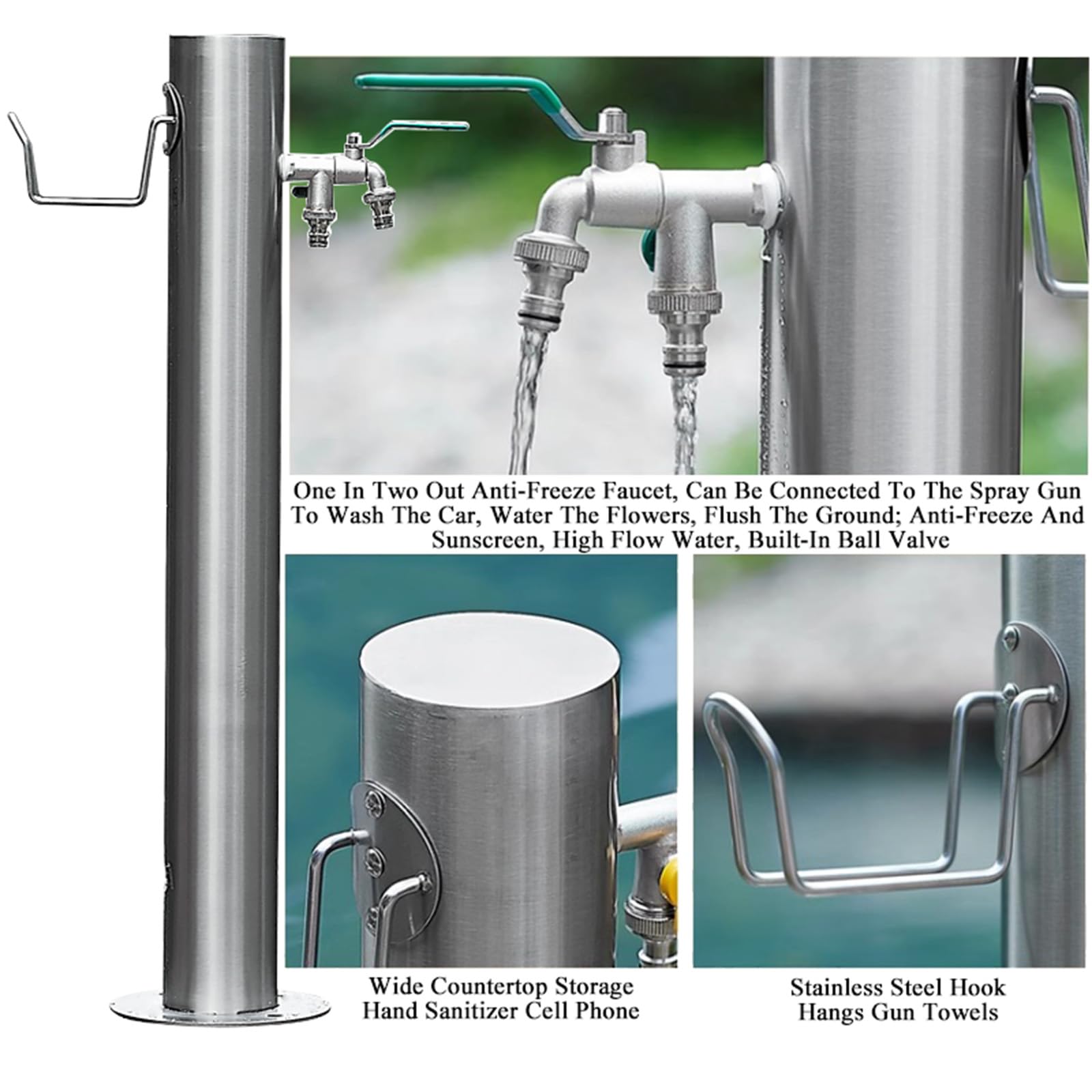 Fontana da Giardino Esterno con Struttura a Colonna con Staffa per Appendere Il Tubo e Doppio Rubinetto, Fontanella a Colonna In Acciaio Inox 86cm