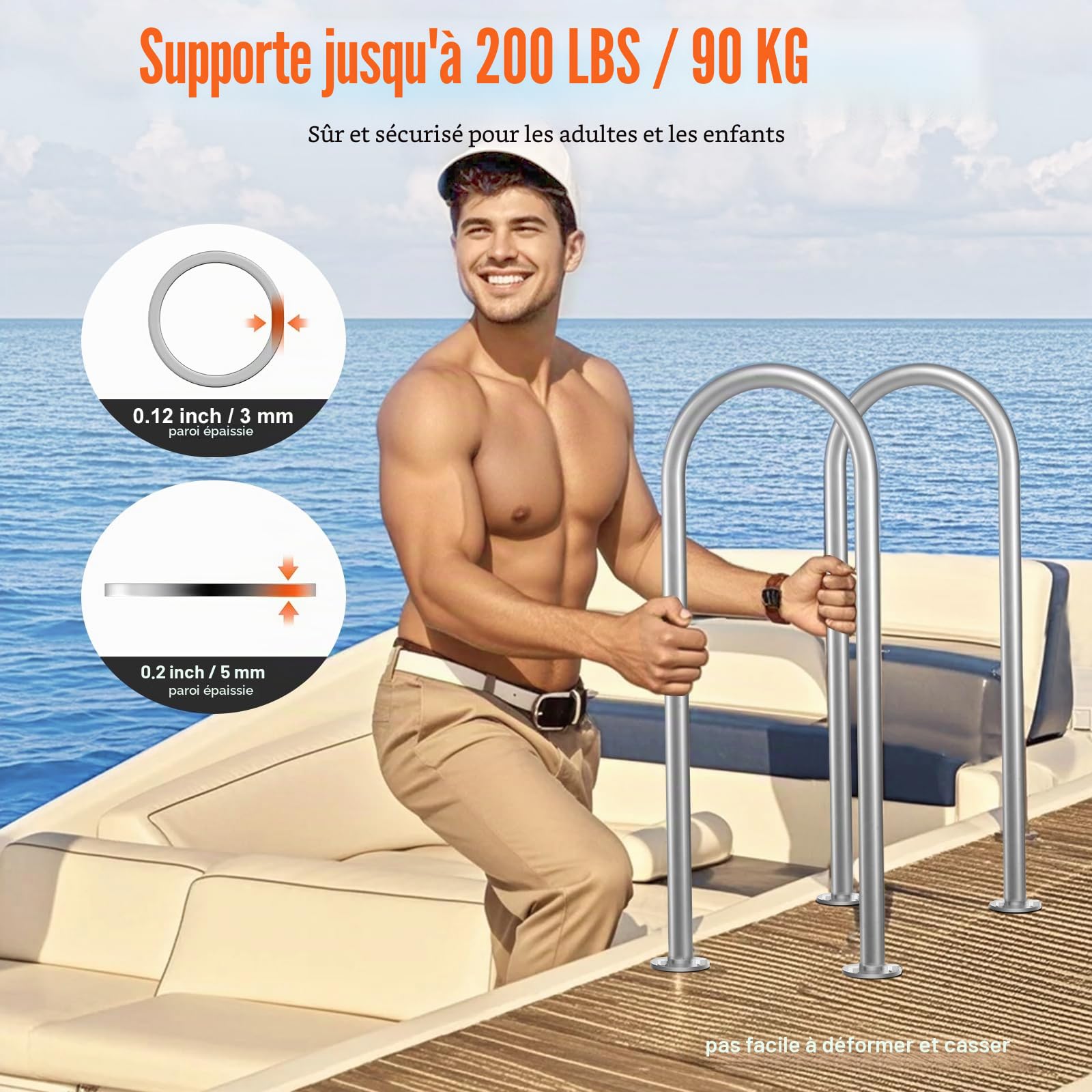 VEVOR Rampe Piscine, 915x400 mm, Main Courante Piscine Aluminium avec Plaque de Base, Barre d'Appui de Sécurité, Accessoires, Montage Facile pour Piscines, Intérieur, Extérieur, Terrasses, Quais, Spas