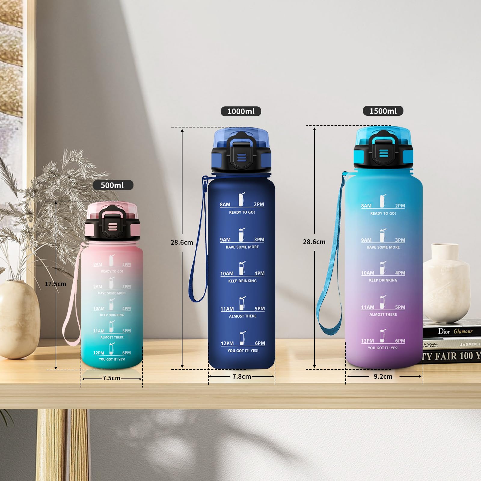Borraccia 1L, Motivazionale Borraccia con Cannuccia, Facile da Aprire, a Prova di Perdite, Bottiglia Acqua con Indicatore del Tempo, Sportiva Bottiglia per Adulto, Campeggio, Ufficio, Lavoro