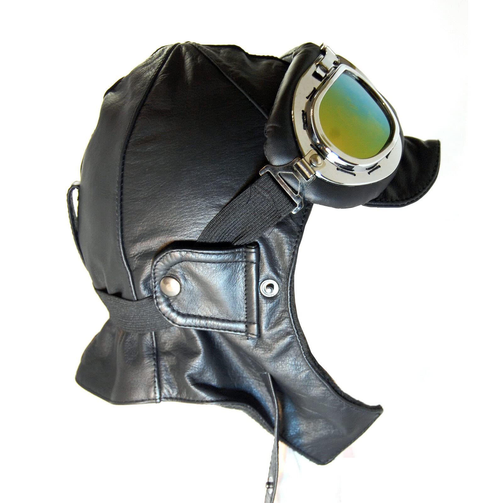 BLUETECH Cabriohaube Cabriom czapka lotnicza czapka oldtimerowa skóra czarna wraz z okularami panoramicznymi mężczyźni kobiety unisex