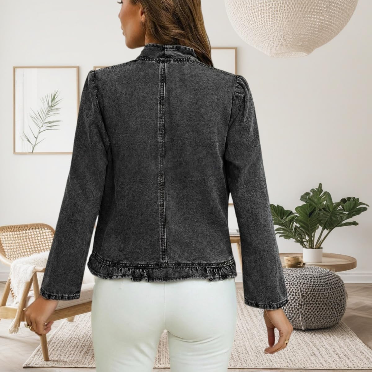 Giacca di jeans da donna con volant e apertura frontale | senza collo, cappotto in jeans, casual, alla moda per la primavera