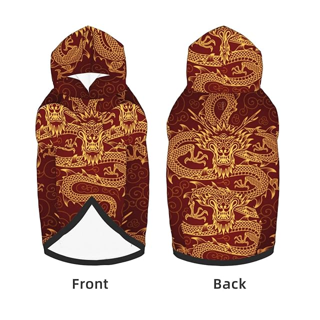 Foto 3 de 7 de Sudadera con Capucha para Perro Grande, diseño de Dragones Dorados, Rojo, Ropa para Mascotas