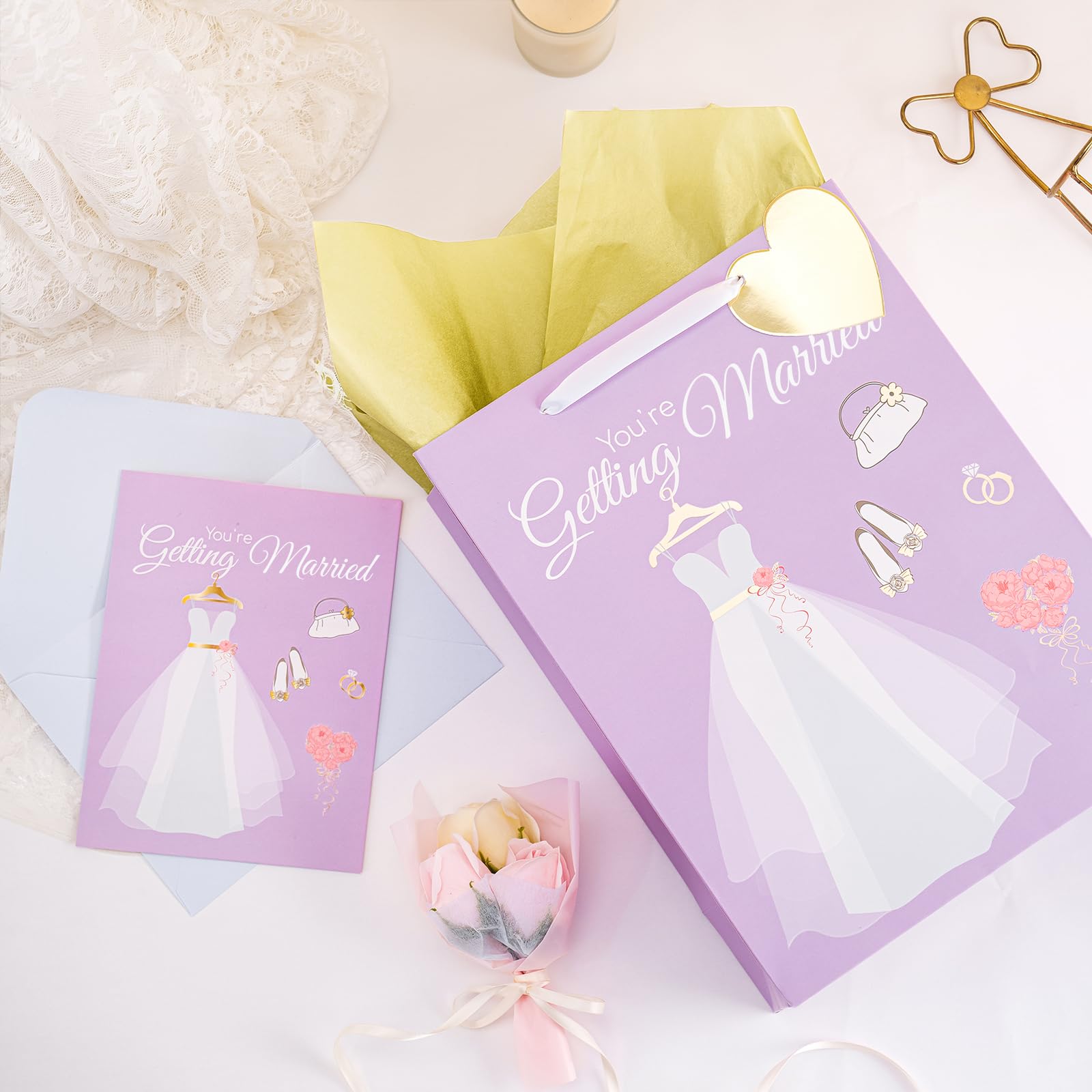 WRAPAHOLIC 13" Large Gift Bags with Card and Tissue Paper - Wedding Dress Design for Weddings, Engagements, Bridal Showers, Gift Wrap