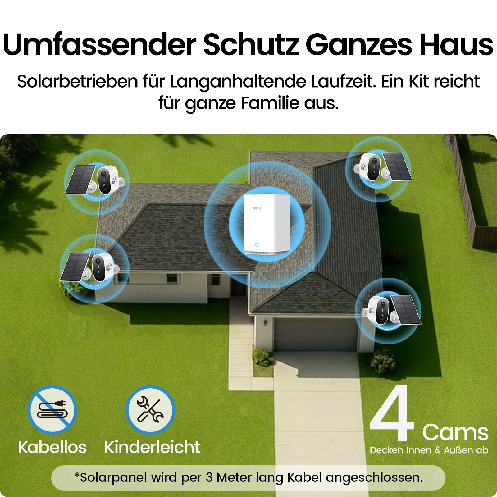 aosu 2K Überwachungskamera Aussen Akku Solar 4er-Kit mit Aosubase 2.0 kein ABO Nötig 32GB Lokal Speicher Kamera Überwachug Aussen PIR Bewegungssensor Licht Tonalarm 2-Wege-Audio Farb-Nachtsicht