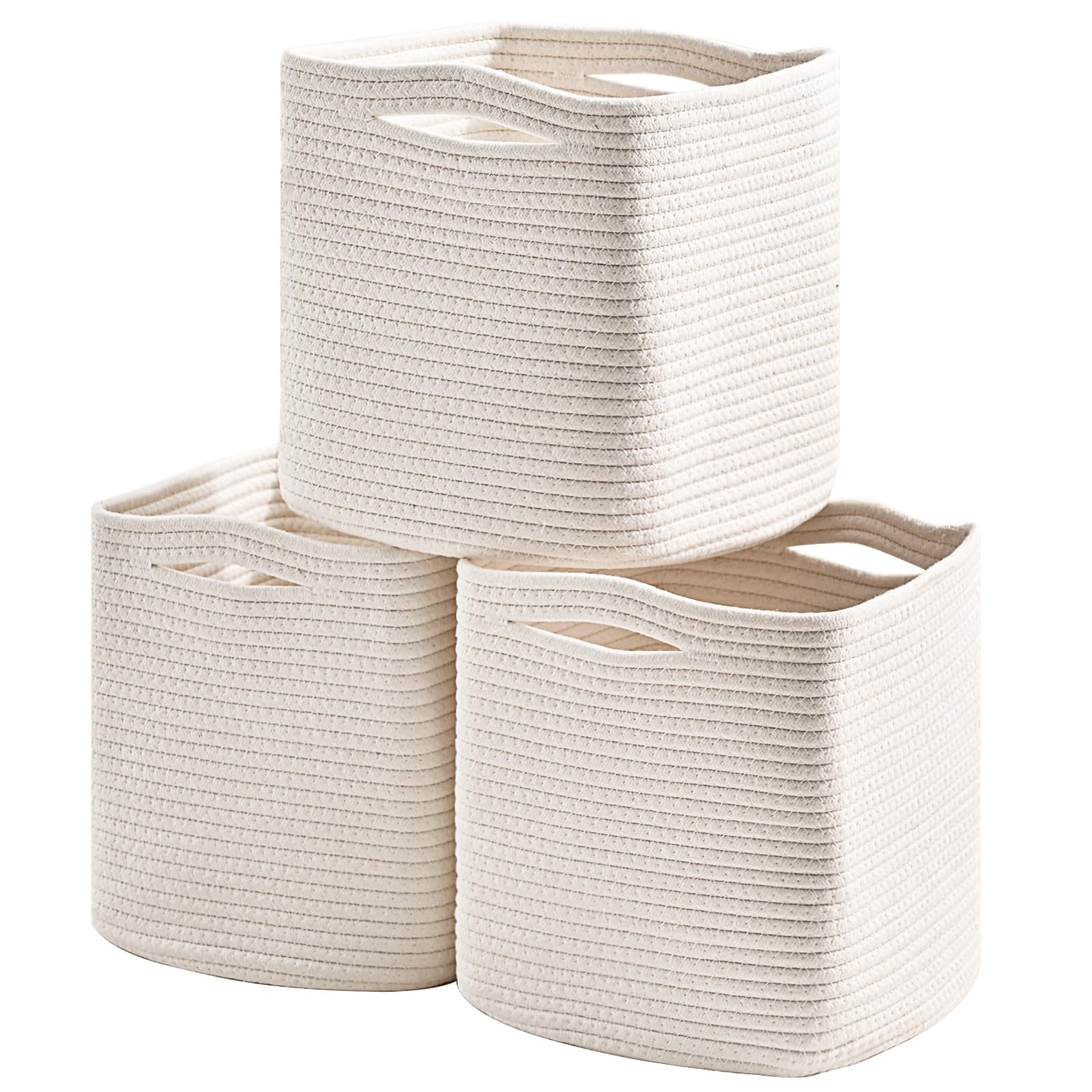 Dcerzxzci 11 Inch Cube Storage Bins, 11x11 Cube Storage Bins for Cube Organizer, Square Cloth Storage Cubes, Woven Storage Baskets for Shelves, Toy Rope Baskets Storage Kids, Off White (Pack of 3)