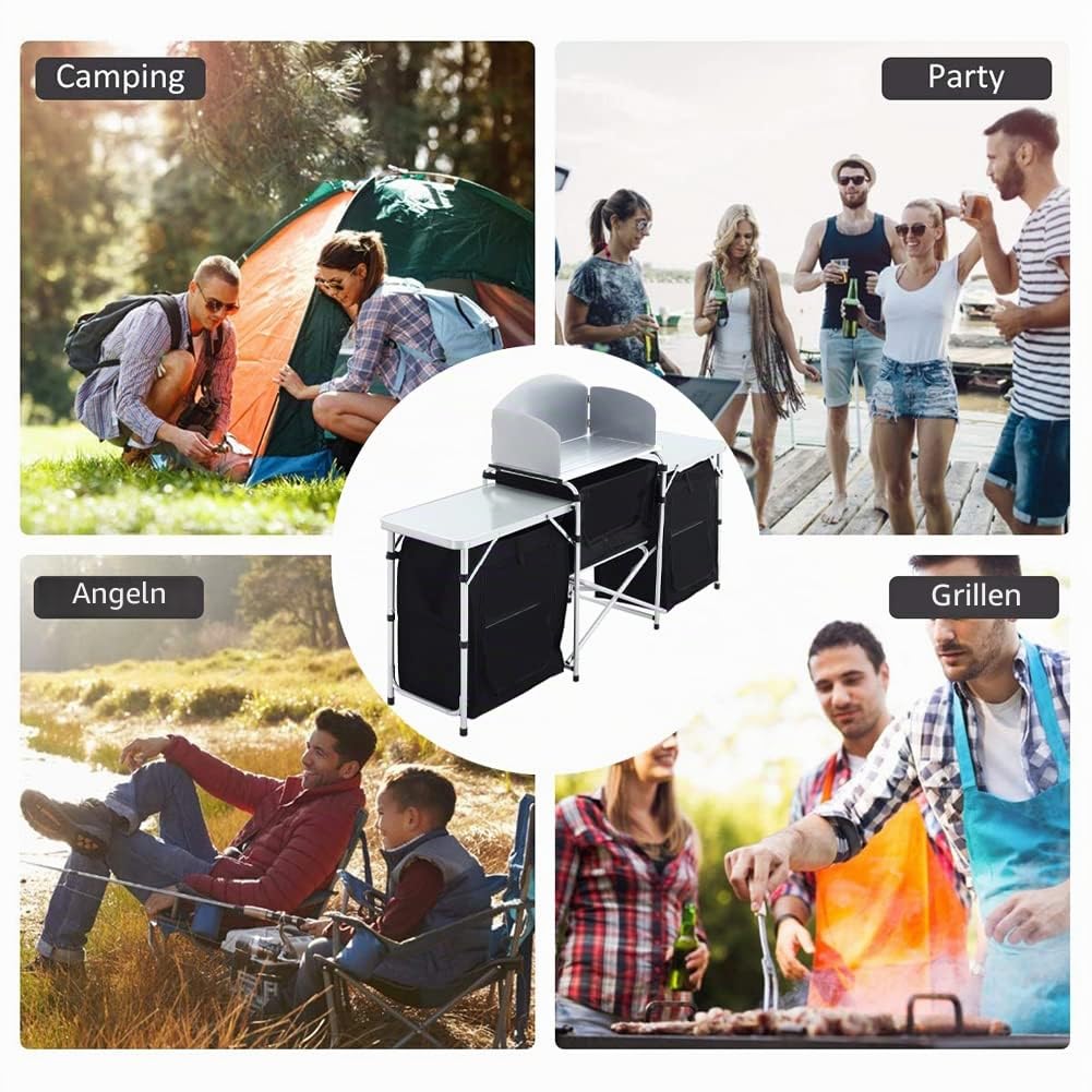 Warmiehomy Campingküche Schrank Faltbar, Tragbarer Campingschrank mit Aluminiumgestell, 3 Schränkfach & Abnehmbare Platte, Outdoor Küchenschrank für Picknick, Reisen, Strand, Schwarz, 175×40×110 cm