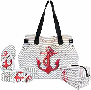 Kit Praia Feminino Âncora Vermelha com Bolsa, Necessaire e Chinelo, Magicc