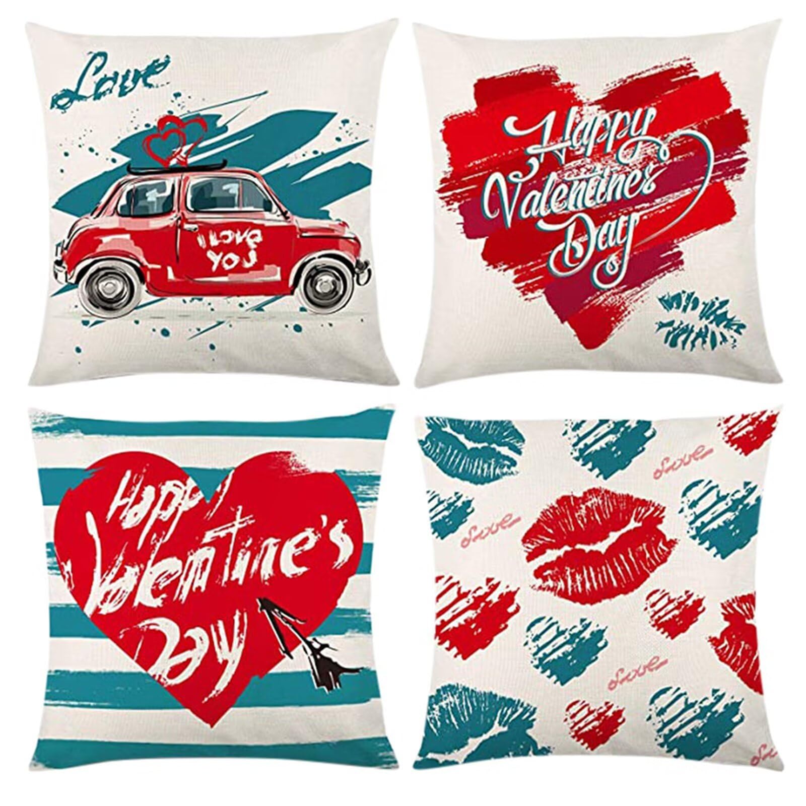 Juego de 4 Impermeable Funda de Cojín Labios rojos y azules,55x55cm Moderno Suave Transpirables Lino Fundas de Almohada Cojines Decorativos con Cremallera Oculta para Exterior Sofá Cama Coche Hogar