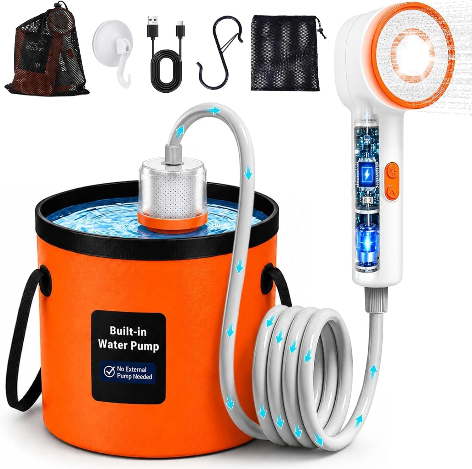Goody King Campingdusche mit Pumpe & Akku 6000mAh – Tragbare Camping Dusche ohne Strom, 20L Faltbarer Eimer, LED-Anzeige, 3 Strahlmodi, 2m Schlauch, IPX7 – Mobile Dusche für Garten, Wohnmobil, Hund