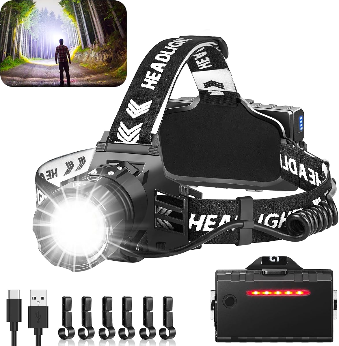 Rechargeable Headlamp, 1400 Lumens LED Super Bright Headlight with Motion Sensor, 5 Modes Zoomable Head Lamp (Black)