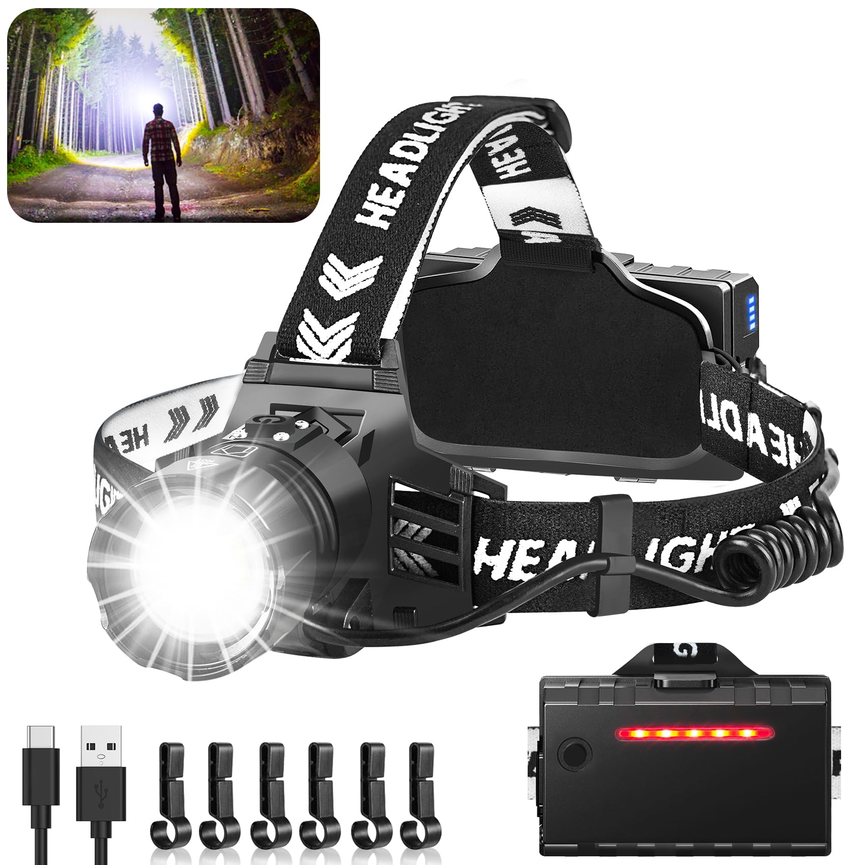 PARAROSE LED Rechargeable Head Torch, 1000 Lumens Super Bright Headlight, 5 Modes Zoomable Headtorch, 120Β°Adjustable, IPX7 Waterproof Headlamp for Camping, Running, Climbing, Hiking