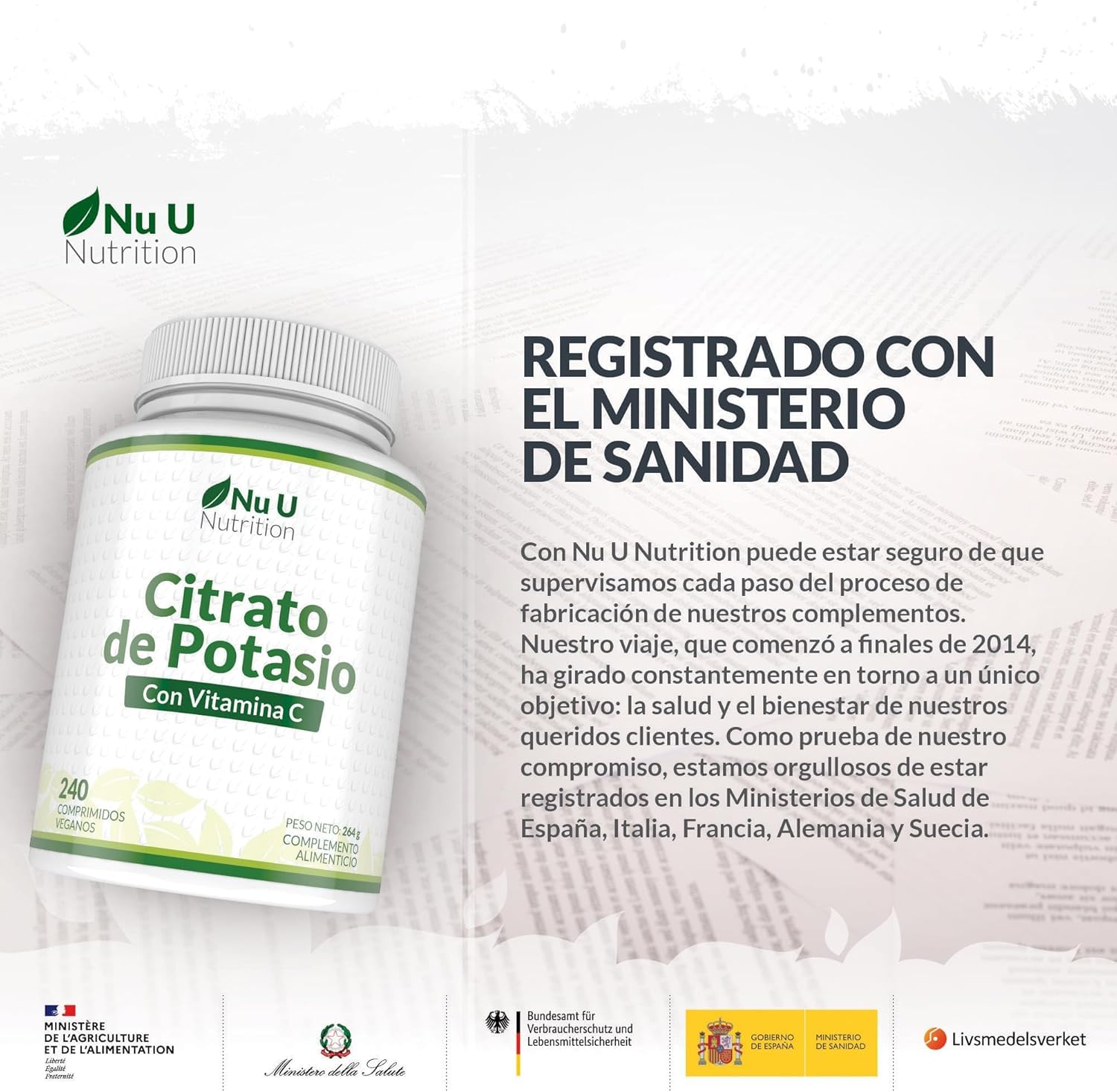 Potassio 1550 mg & Vitamina C - 240 Compresse Vegane - 4 Mesi di Scorta - Citrato di Potassio ad Alta Potenza - Prodotto in Europa - Nu U Nutrition