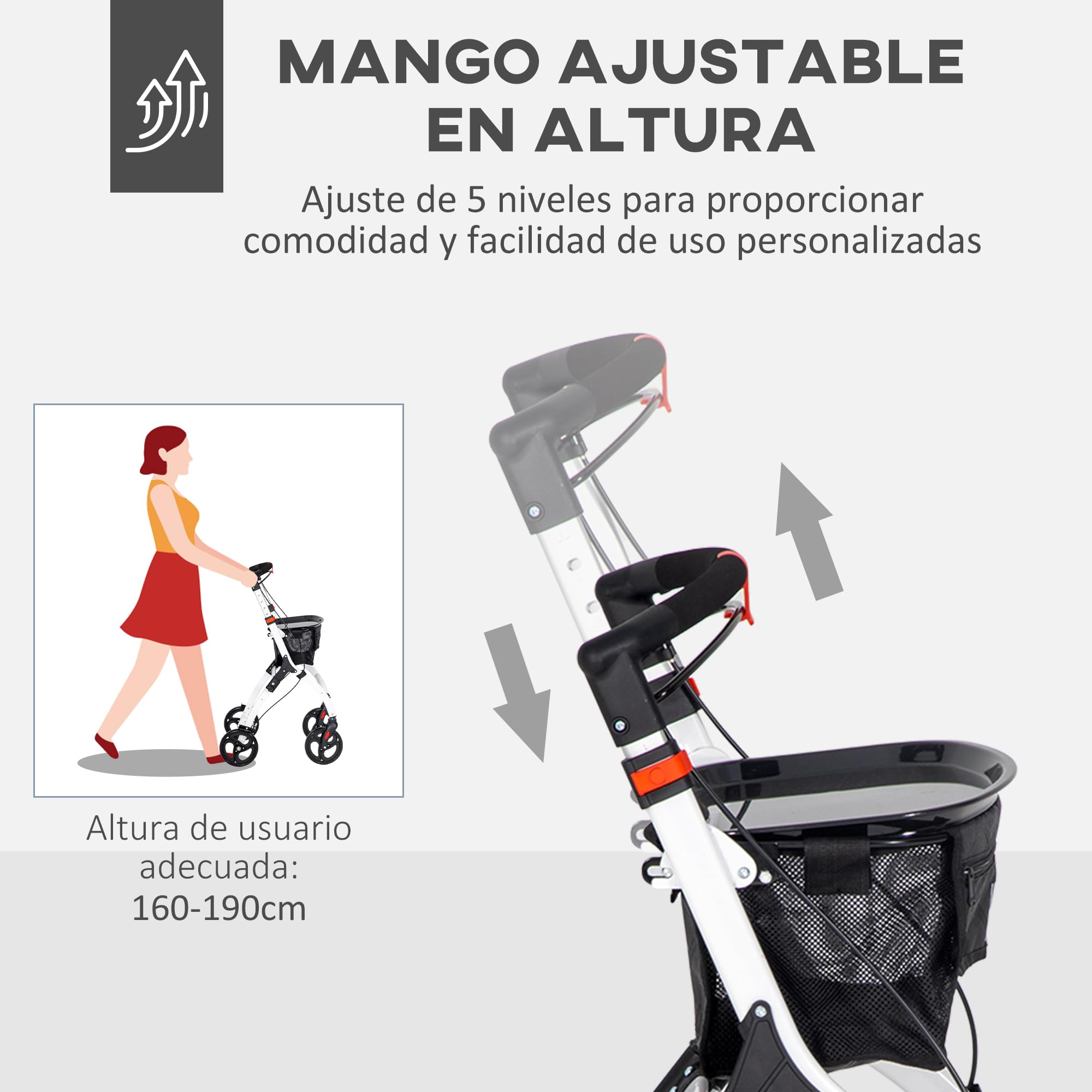 HOMCOM Andador para Ancianos Plegable de Aluminio con 4 Ruedas Blanco | Andador para Personas Mayores, Bandeja, Altura Ajustable, Frenos de Maneta, Bolsa de Transporte