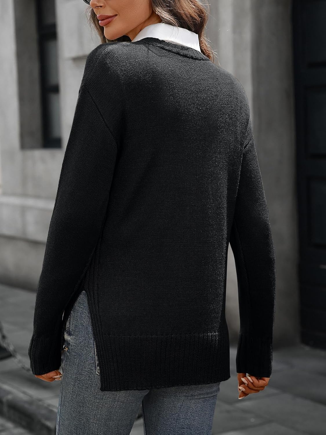 Women's Merino Wool Blend Sweater Crew Neck Side Slit Pullover - Image 4