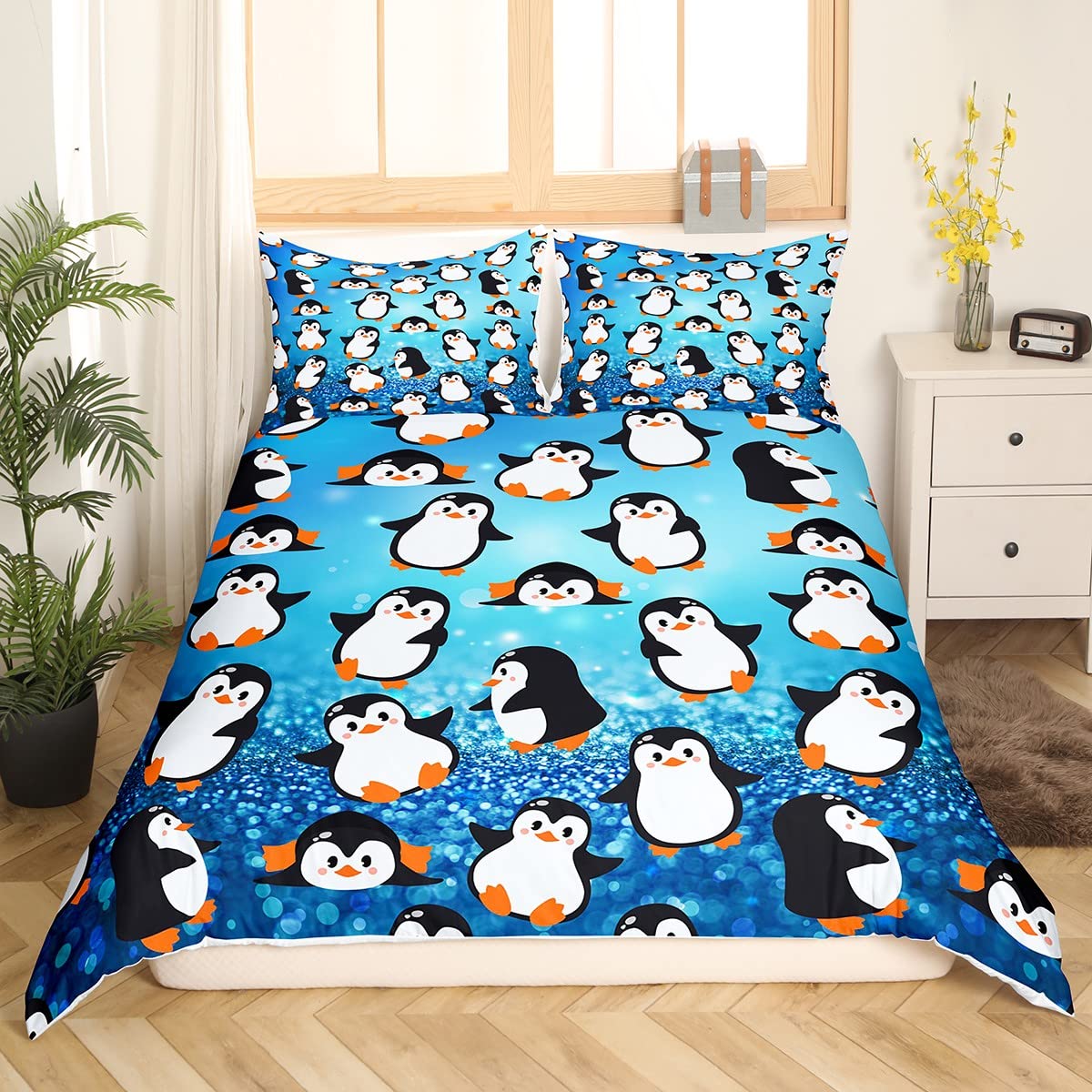 Cartoon Penguins Kids Duvet Cover Set Full Size,Cute Arctic Pole Animals Bedding Set,Girls Boys Adults Bedroom Decor,Starry Sky Dots Glitter Comforter Cover,Blue Romantic Quilt Cover,2 Pillowcases