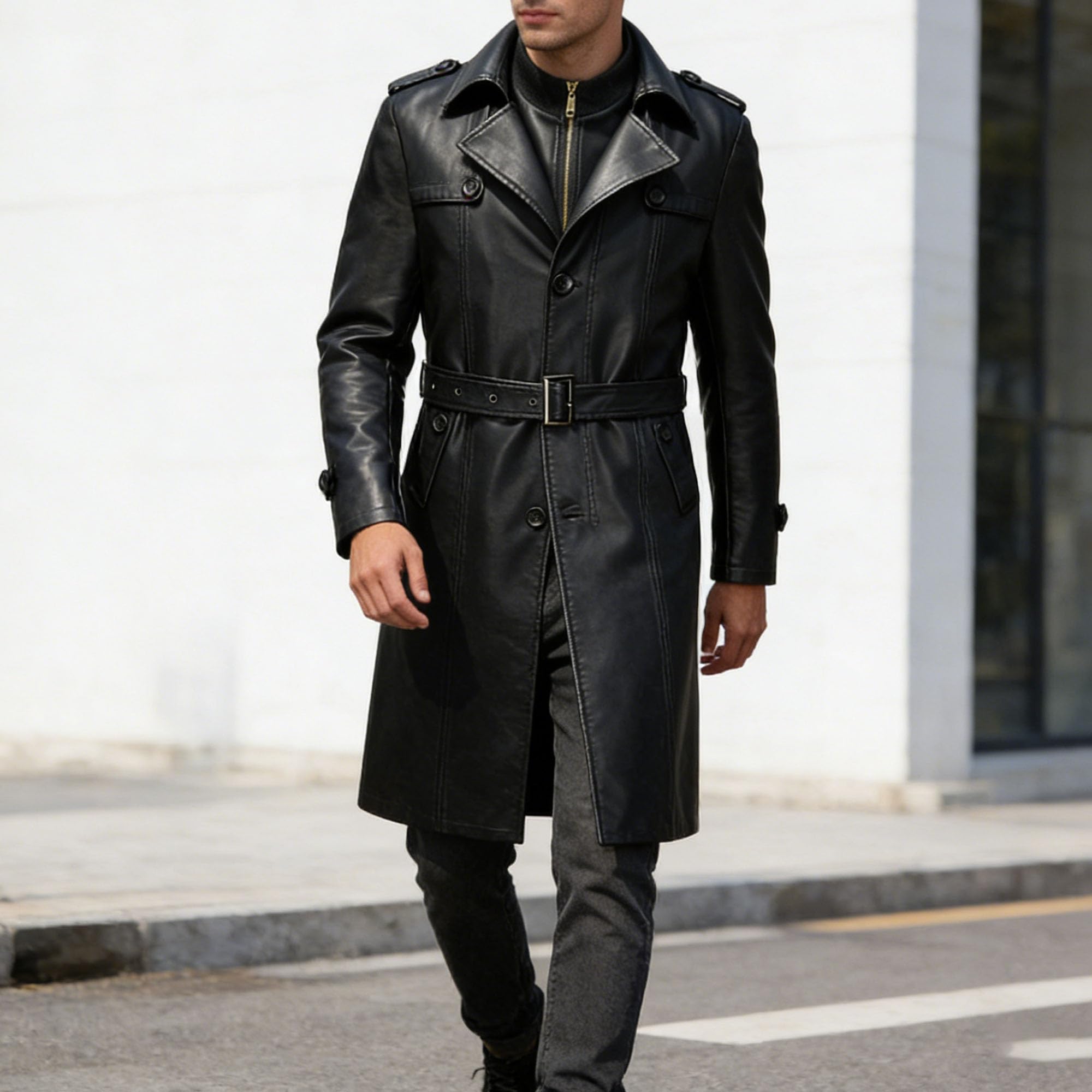 Trench long en similicuir pour homme avec double col moderne