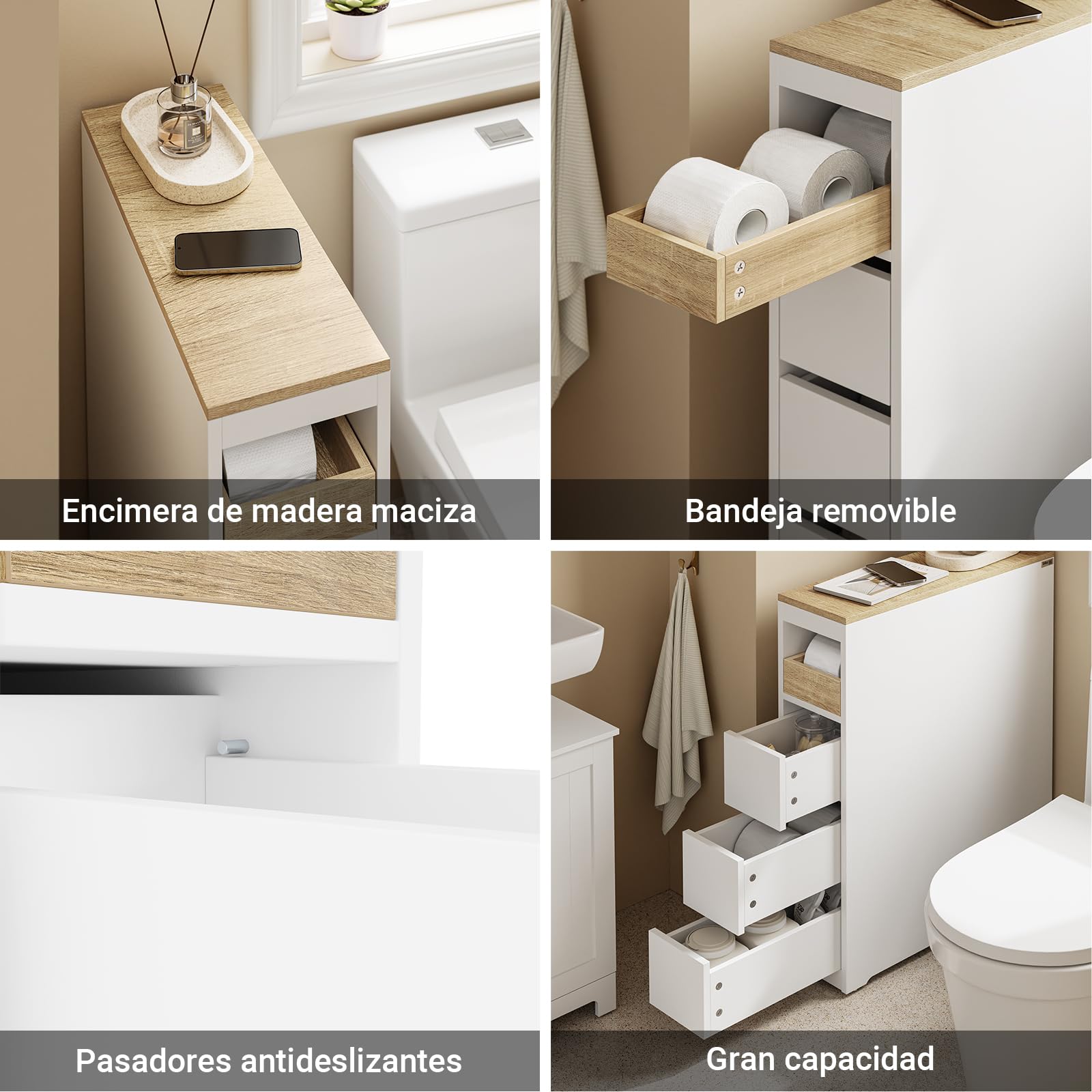 SoBuy Mueble Estrecho con Ruedas de 20cm, Muebles Auxiliares de Baño con 3 Cajones, Organizador Baño Armario para WC y Cocina, 60x20x82,3cm Blanco | Armario de baño estrecho de madera compacto para inodoro pequeño y cocina, color blanco, BZR54-K-W