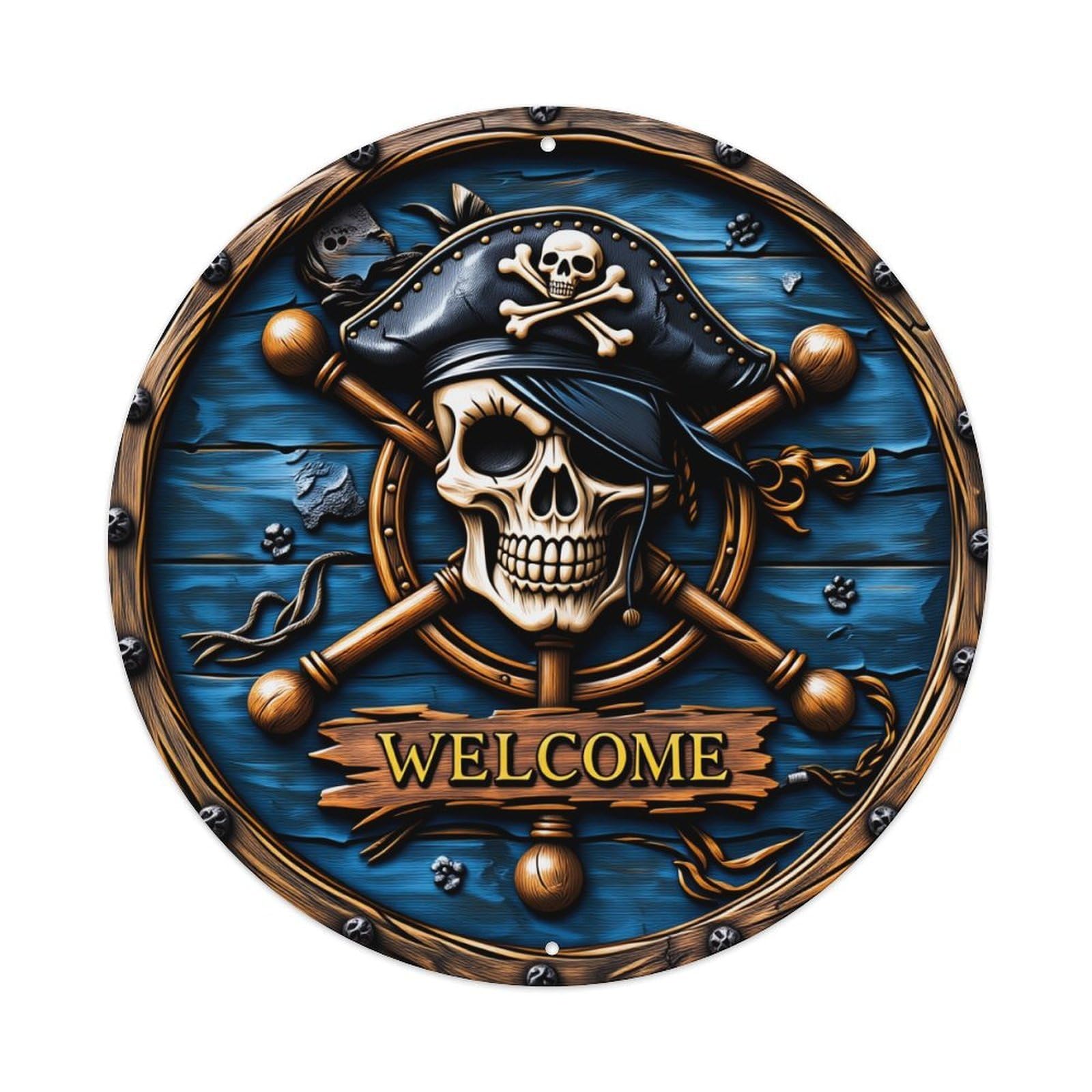 Pirate Skull With Hat And Crossed Swords On Wooden Background Round Vintage Tin Sign,Retro Wall Art,Metal Poster for Home, Bar, Garage, Cafe, Rustic Indoor & Outdoor Decor, 8x8 Inches