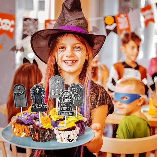Miniatura 6 de 60 piezas de decoración de cupcakes de Halloween, lápida, cementerio, decoración de cupcakes, decoración de cupcakes de Halloween, palillos de mesa