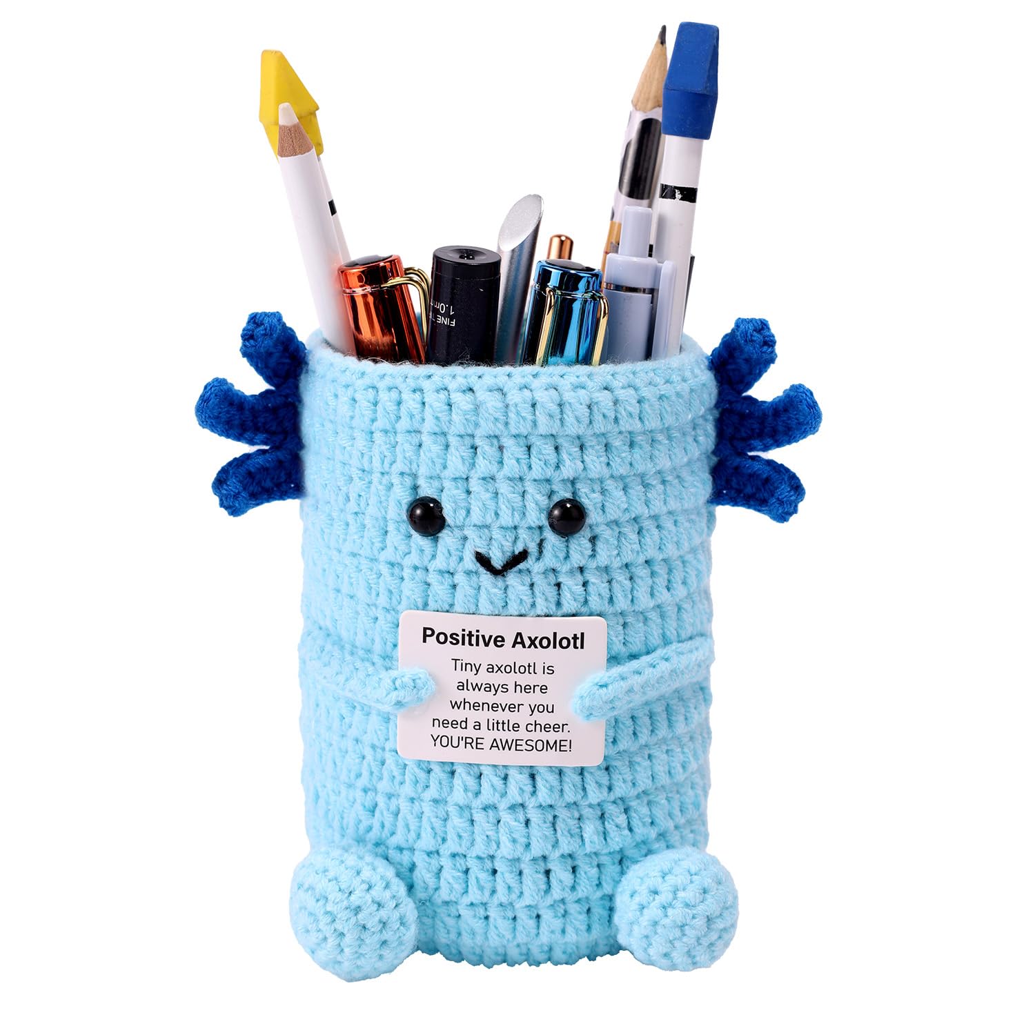 Lyreh Positive Knitted Axolotl Pen Holder, Blue Emotional Axolotl Support Crochet Pen Holder with Inspirational Card Cute Knitted Animals Doll for Holding Pens Pencil Creative Back-To-School Gift