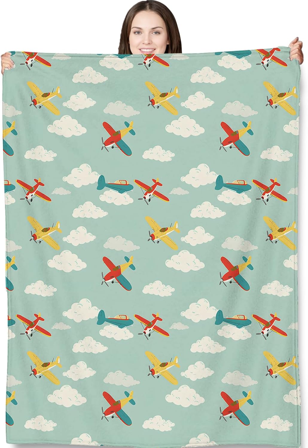 Airplane Throw Blanket for Adults Kids, 50x60 in, Cute Vintage Planes and Clouds Theme Flannel Blankets for Bedroom, Couch, Travel, Home Decor, Fuzzy Soft Cozy Warm Gifts