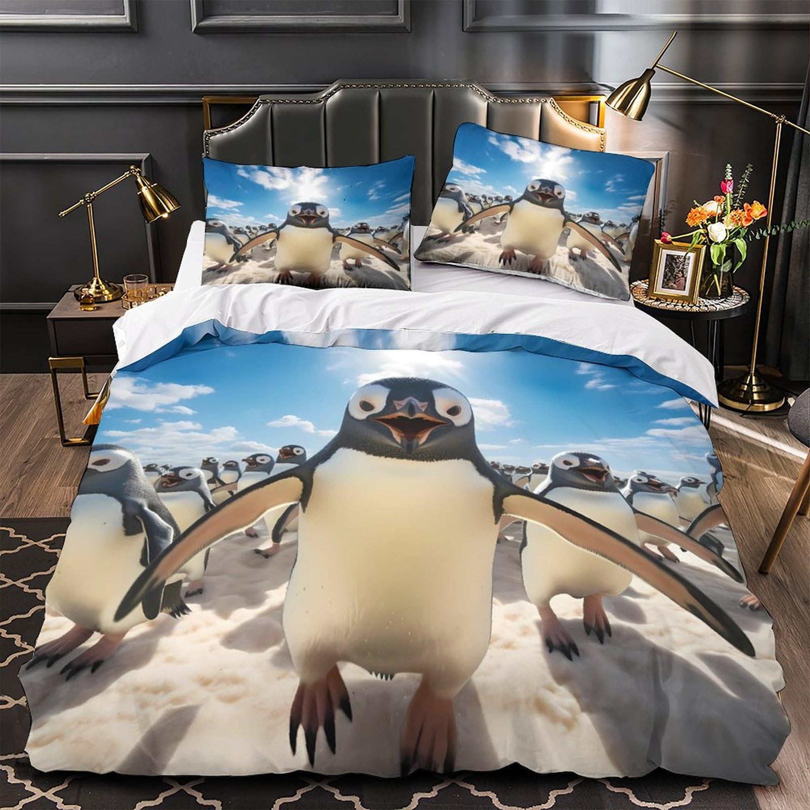 Parure de lit imprimé 3D avec housse de couette 200x200 microfibre respirante motif pingouin pour garçon