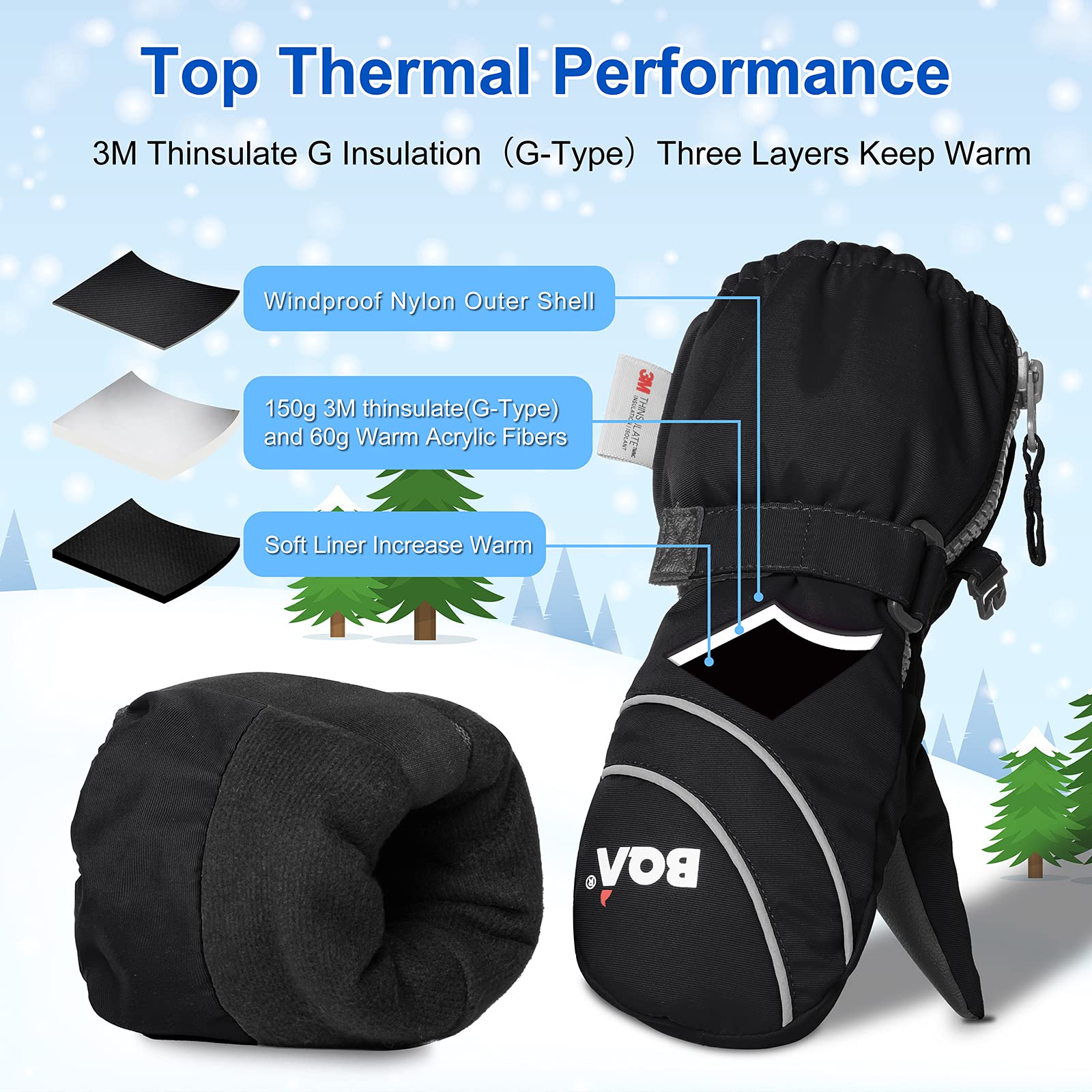 BQA Kinder Skihandschuhe Fäustlinge wasserdicht und Winddicht Skihandschuhe, Kinderhandschuhe Fäustlinge Handschuhe Thermo warme Winterhandschuhe für Jungen und Mädchen von 2 bis 8 Jahre