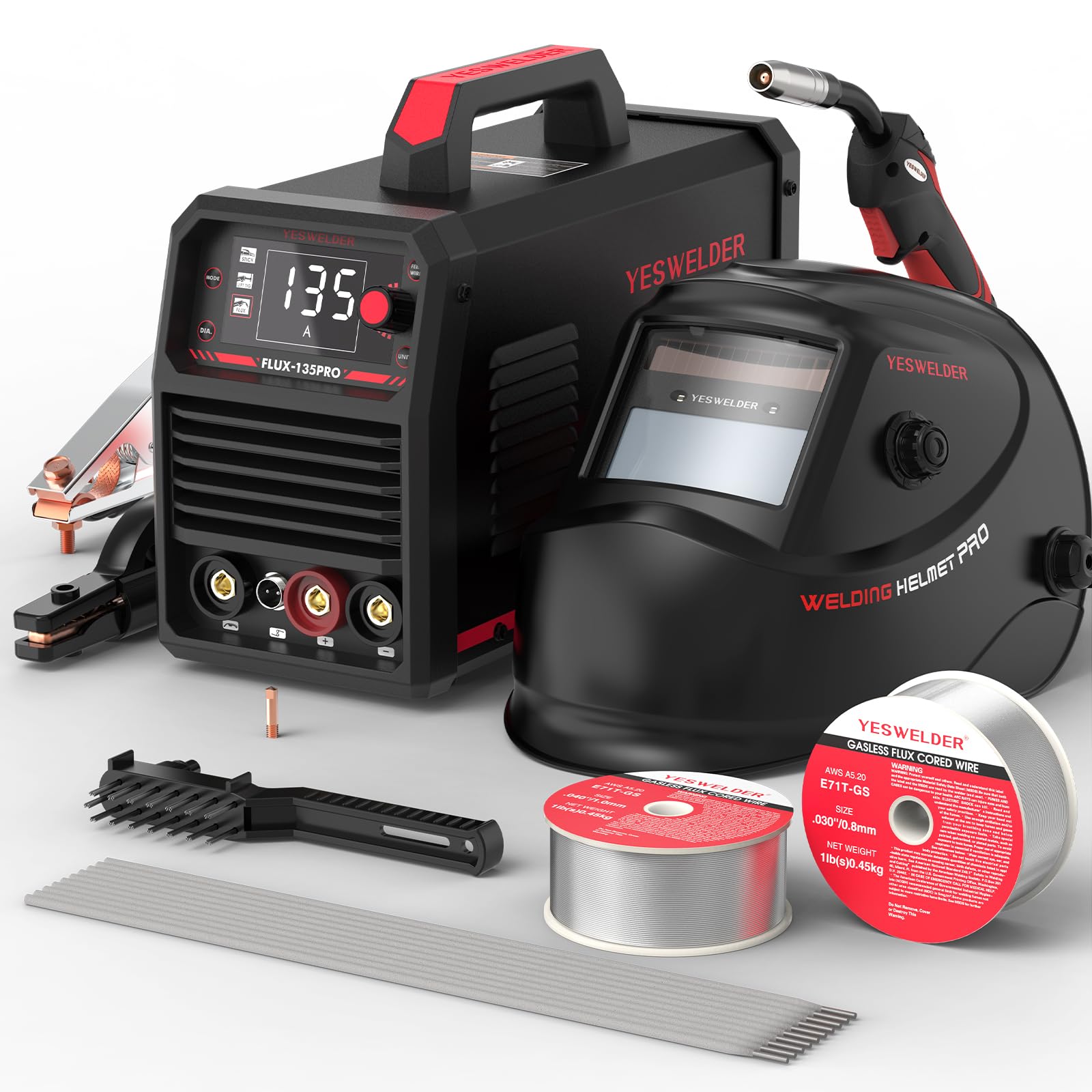 YESWELDER Soldadora de Hilo Sin Gas MIG 135A 230V, con Kit de Accesorios | Soldador 3 en 1, FLUX/LIFT TIG/MMA, pantalla LED, kit completo de accesorios ideal para empezar a soldar Global Recycled Standard Global Recycled Standard Global Recycled Standard