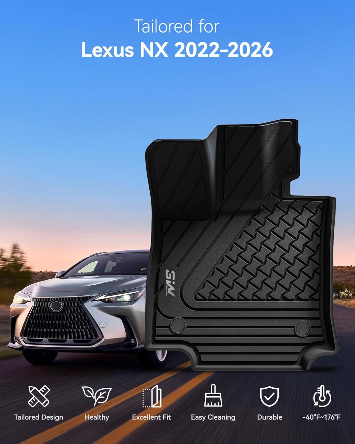 3W Floor Mats & Cargo Liner Fit Lexus NX/ NX250/ NX350 2022-2025 2026 (Not Fit for NX350h/ NX450h+), TPE All Weather Custom Fit Floor Liner for Lexus NX, 1st & 2nd Row Full Set Car Mats, Black