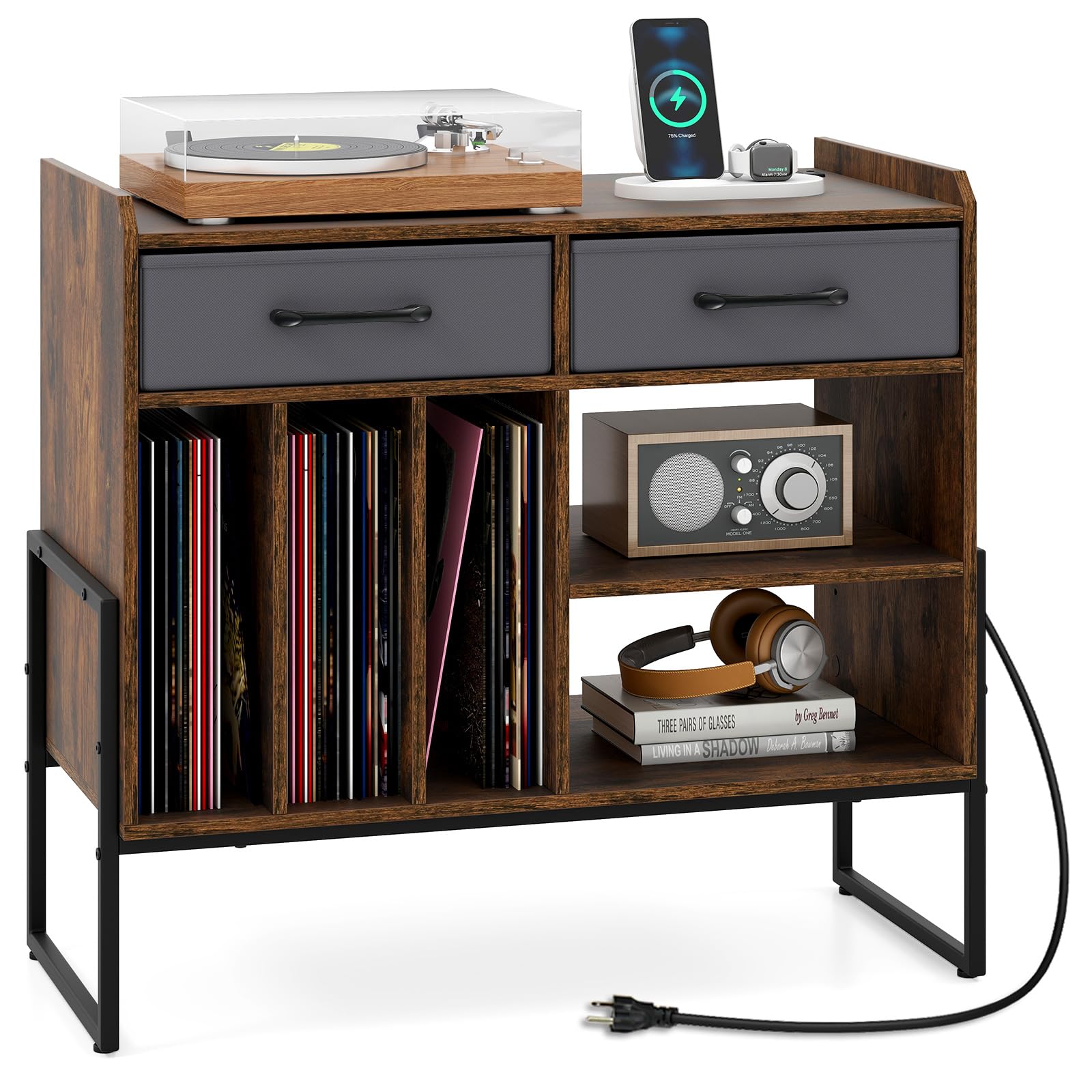 GIANTEX Large Record Player Stand with Charging Station &amp; 2 Drawers, Brown