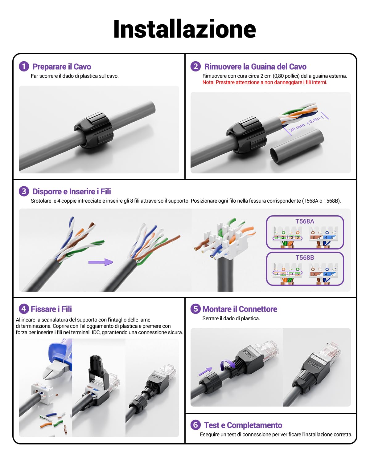 VCELINK Cat6A Connettore RJ45 Senza Attrezzi LSA, 10 Gbps/500 MHz, Compatto Riutilizzabile, Plug RJ45 UTP Placcato in Oro per Cavo di Rete AWG 23-26, Compatibile con PoE, Nero, 6 Pezzi