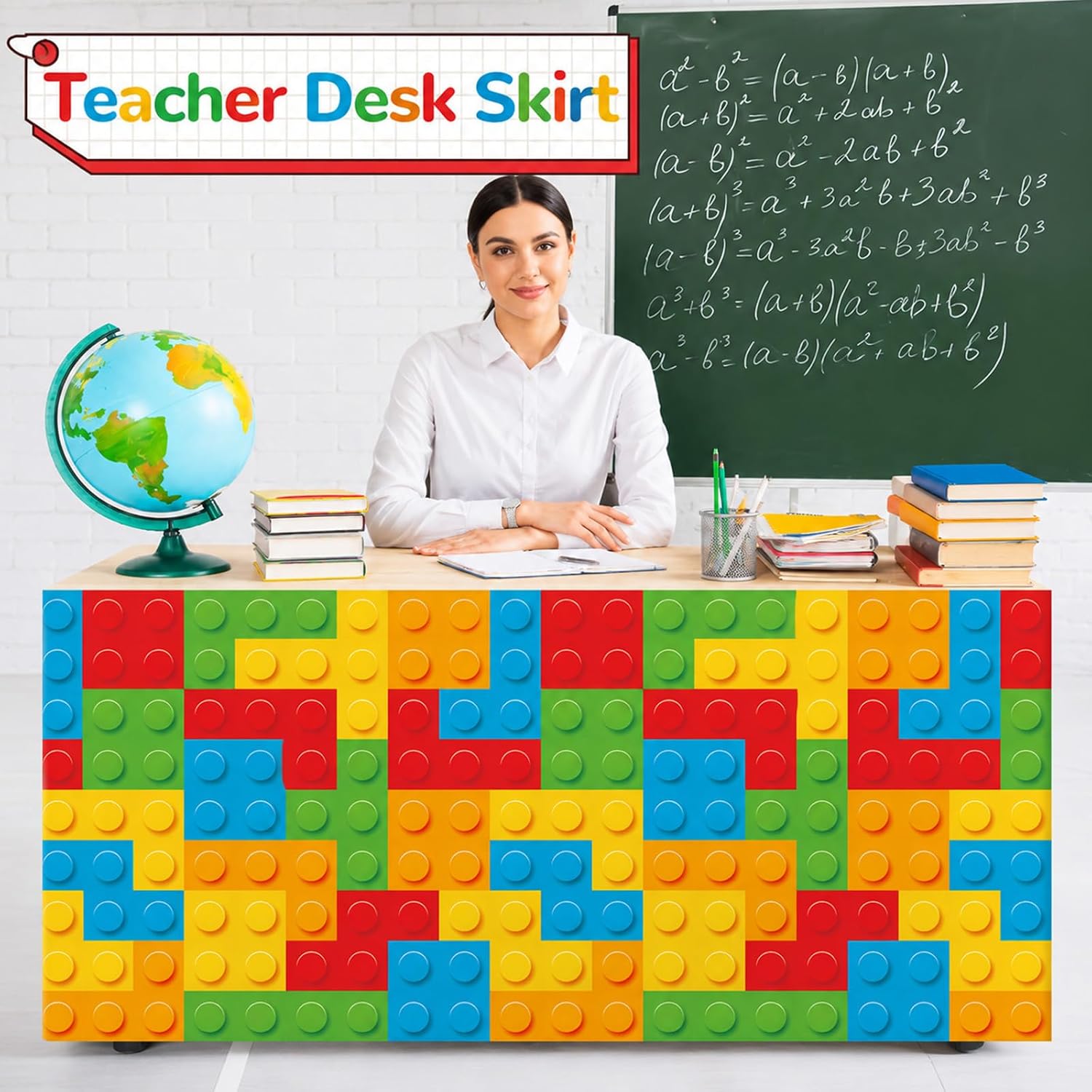 6ft Building Block Table Skirt Teacher Desk Skirt Classroom Table Cover for Back to School Decor Classroom Tables Cloths for First Day of School Supplies Office Bookcase Cabinet Decorations