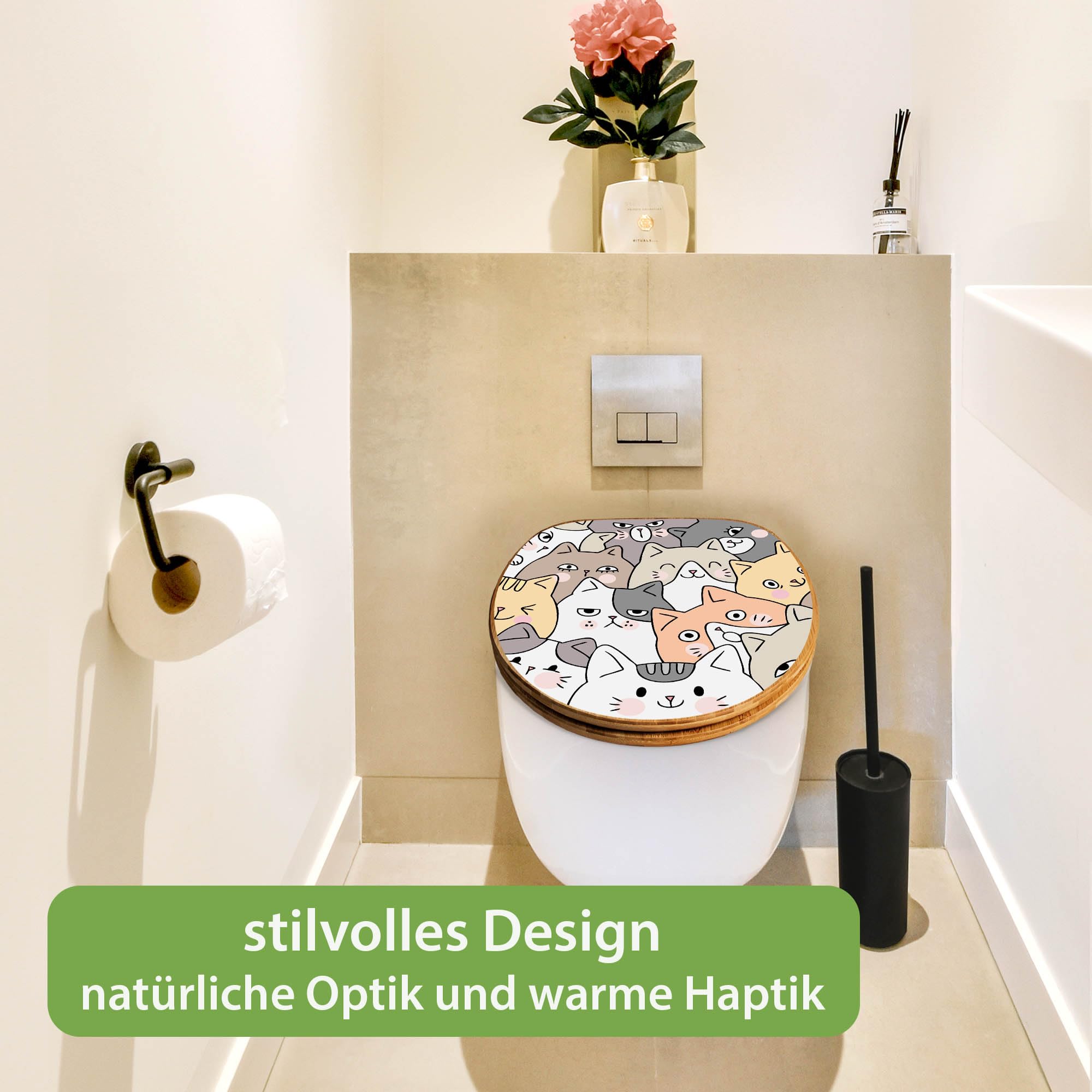 banjado Design WC Sitz Bambus Absenkautomatik 45,8x37,5cm - Toilettendeckel mit Absenkautomatik Holz - hochwertiger Bambus Klodeckel - WC-Sitz für gängigen Toiletten - Motiv Katzen Gruppe neugierig