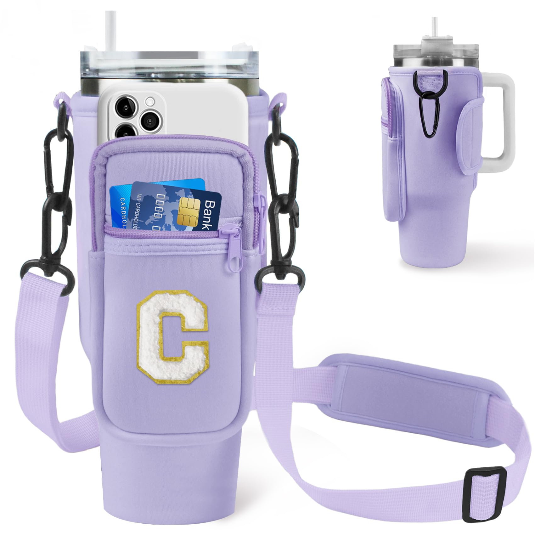 Aganmi Teacher Appreciation Gifts Idea Water Bottle Holder with Strap for Stanley 40 oz Tumbler with Handle Trendy Thank You Gift Initial Water Bottle Carrier Bag with Phone Pocket for Women Purple C