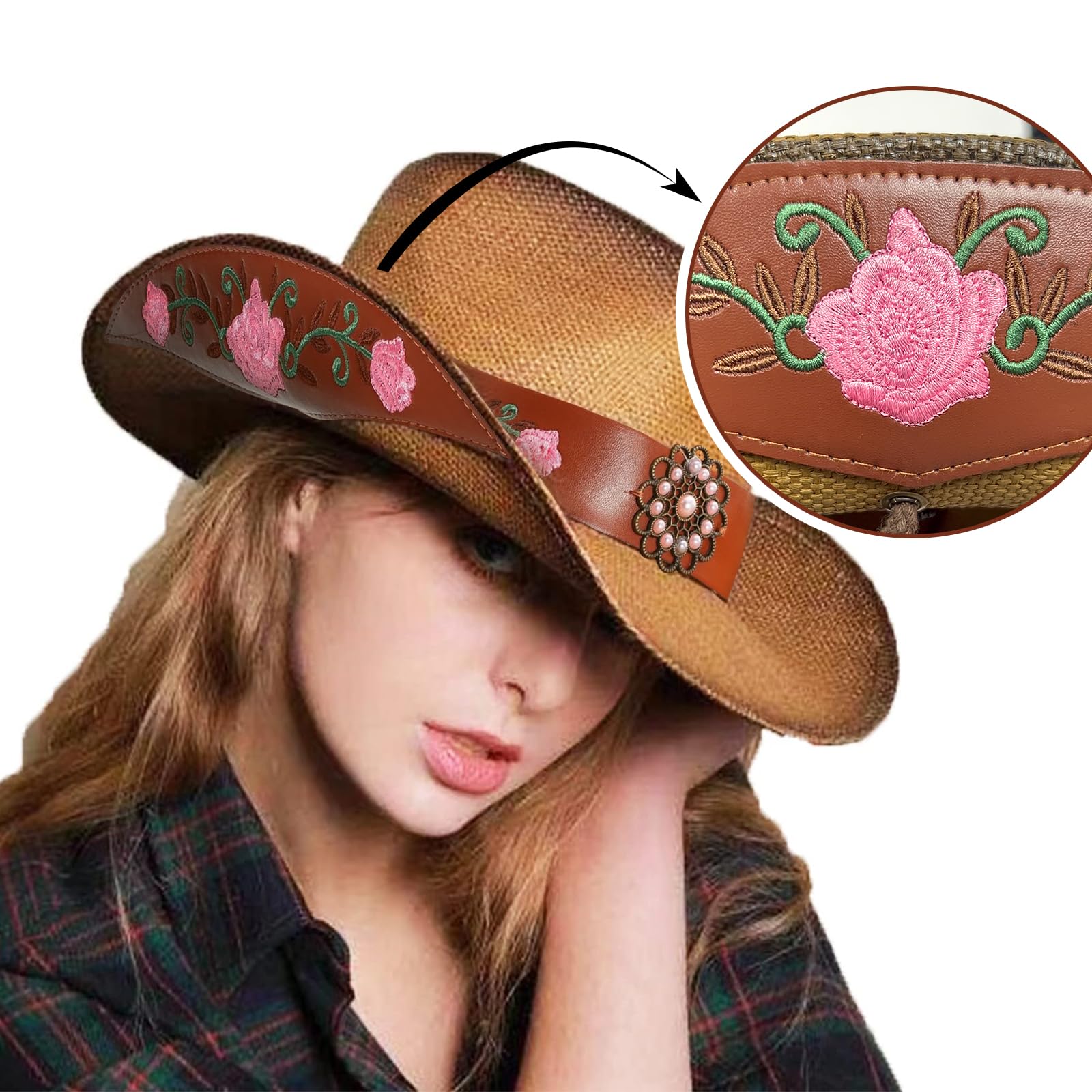 Cowboy Hats for Women, Brown Cowgirl Hats Classic Straw Western Hats for Women Music Festival Party Beach.