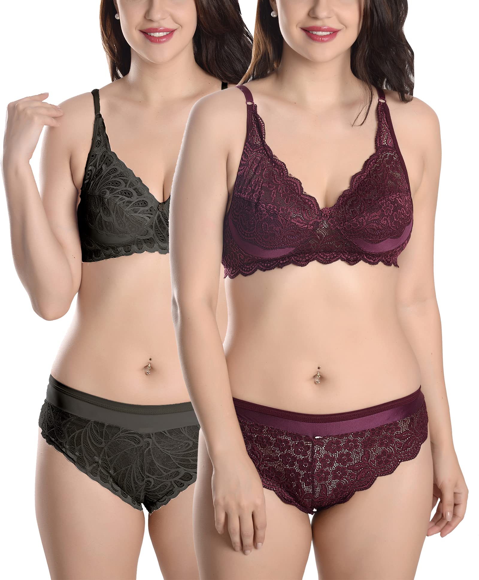 fims - fashion is my style Soft Lycra Stretchable Bra Panty Set for Women, Non-Padded, Non-Wired, Seamed, Floral Print, Full Coverage, Lingerie Set, Black Maroon, Cup-B, Pack of 2, Size- 38-picture-30