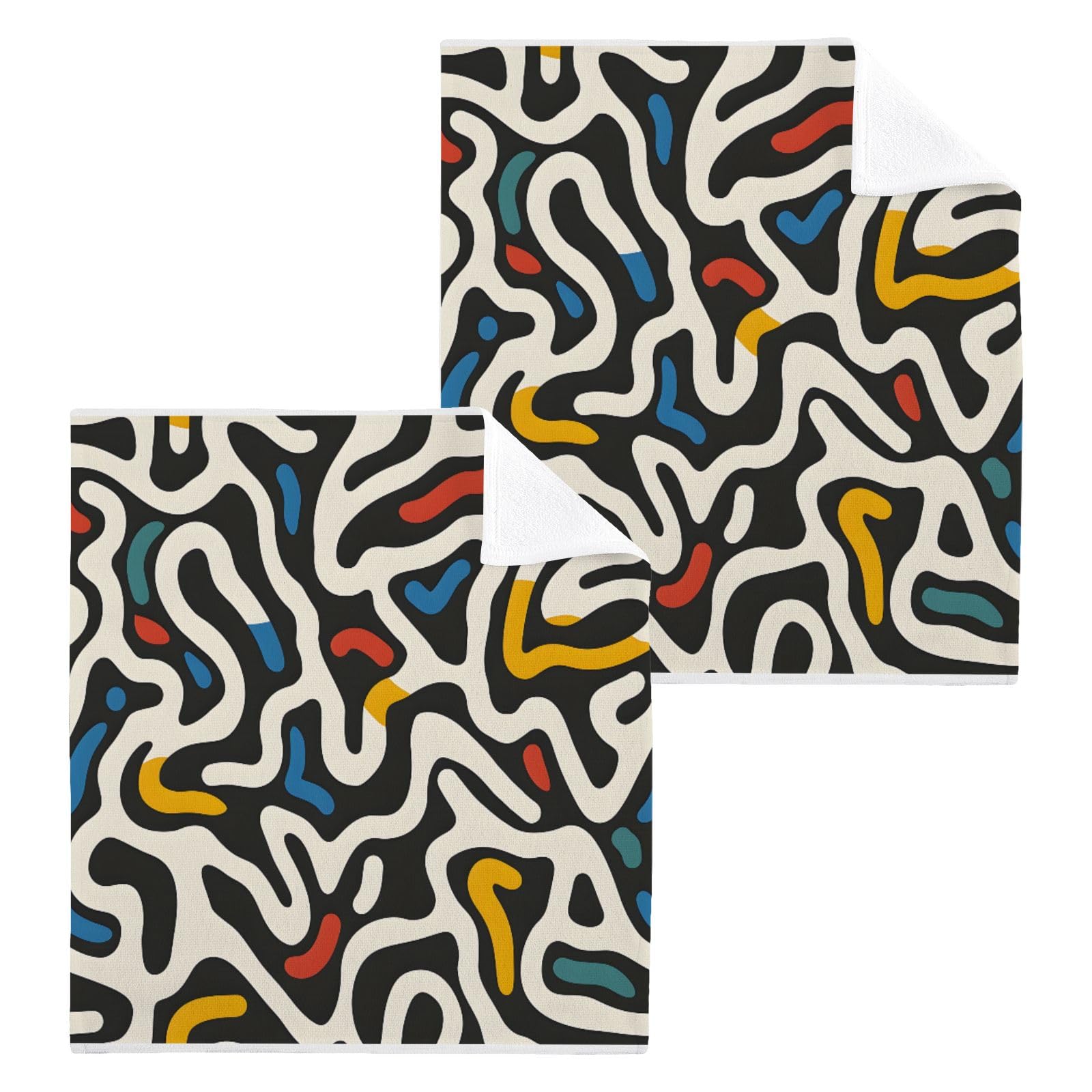 ALAZA Wash Cloth Set 100% Cotton Fingertip Towels Face Cloths Sets Abstract Lines Highly Absorbent Soft Feel Set of 2