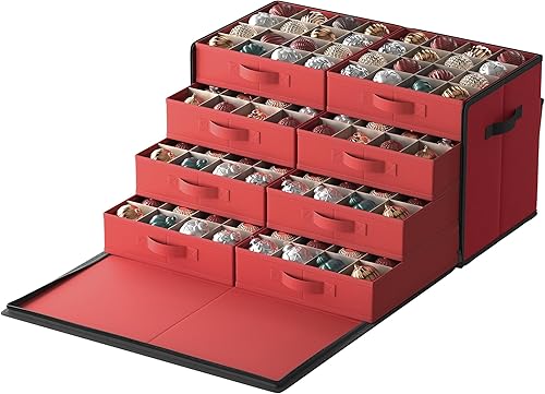 SONGMICS Caja de almacenamiento de adornos navideños, con lateral abierto, contenedor de almacenamiento de Navidad apilable con tapa, 4 bandejas de