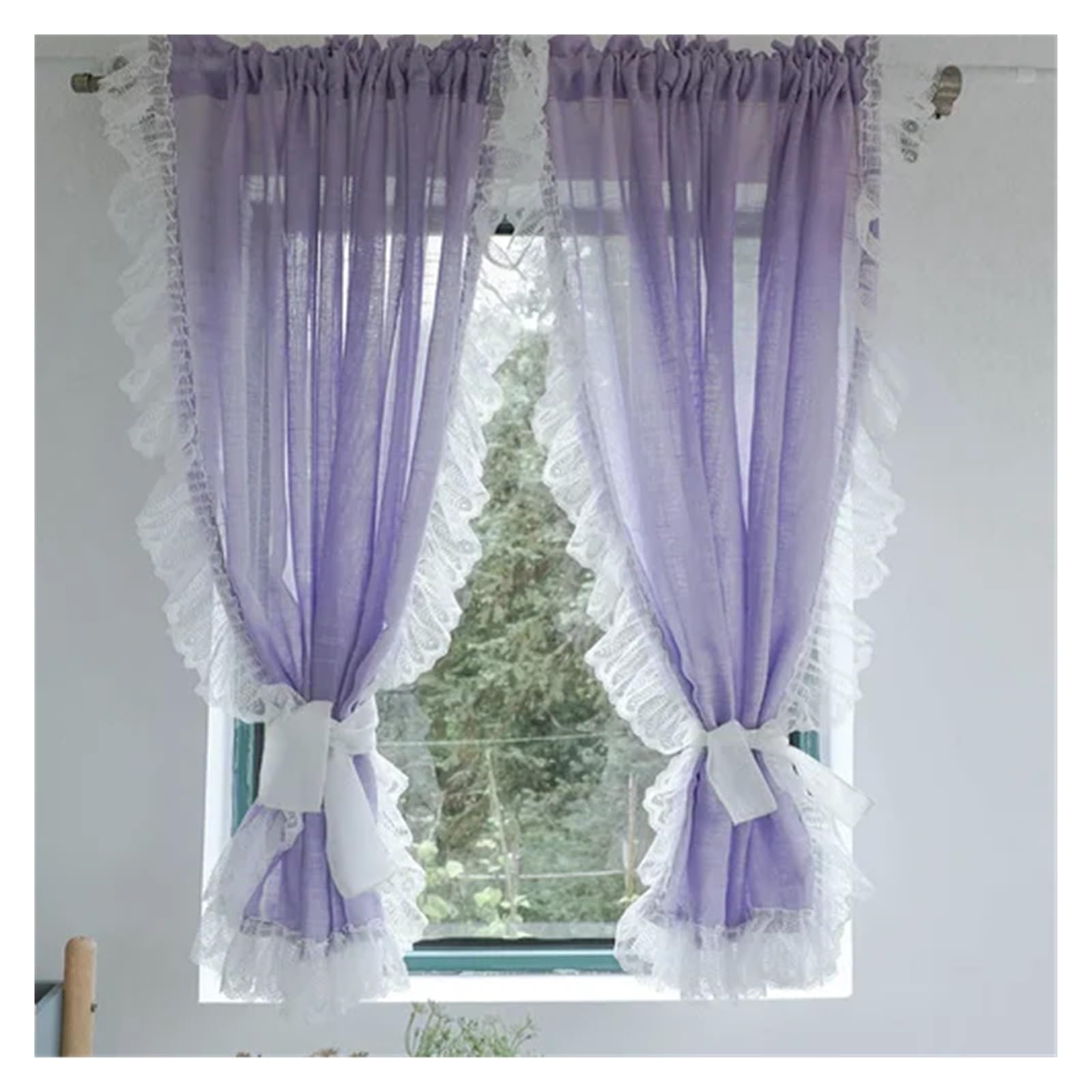 DFGRGRV Ruffle Curtains Green Purple Sheer Curtains For Living Room Bedroom Sweet Lace Short Curtain For Kitchen Bathroom Closet Window Decor(1PC Purple,Hook,W150 x H120CM-1PC)