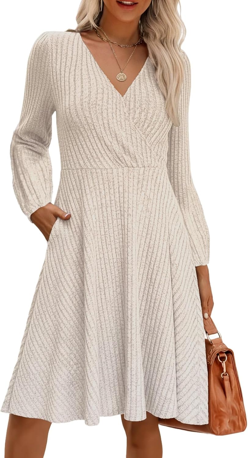 Long Sleeve Short Dress for Women 2026 Fall Winter Tunic Knit Sweater Dresses Casual V Neck Mini Dress with Pockets