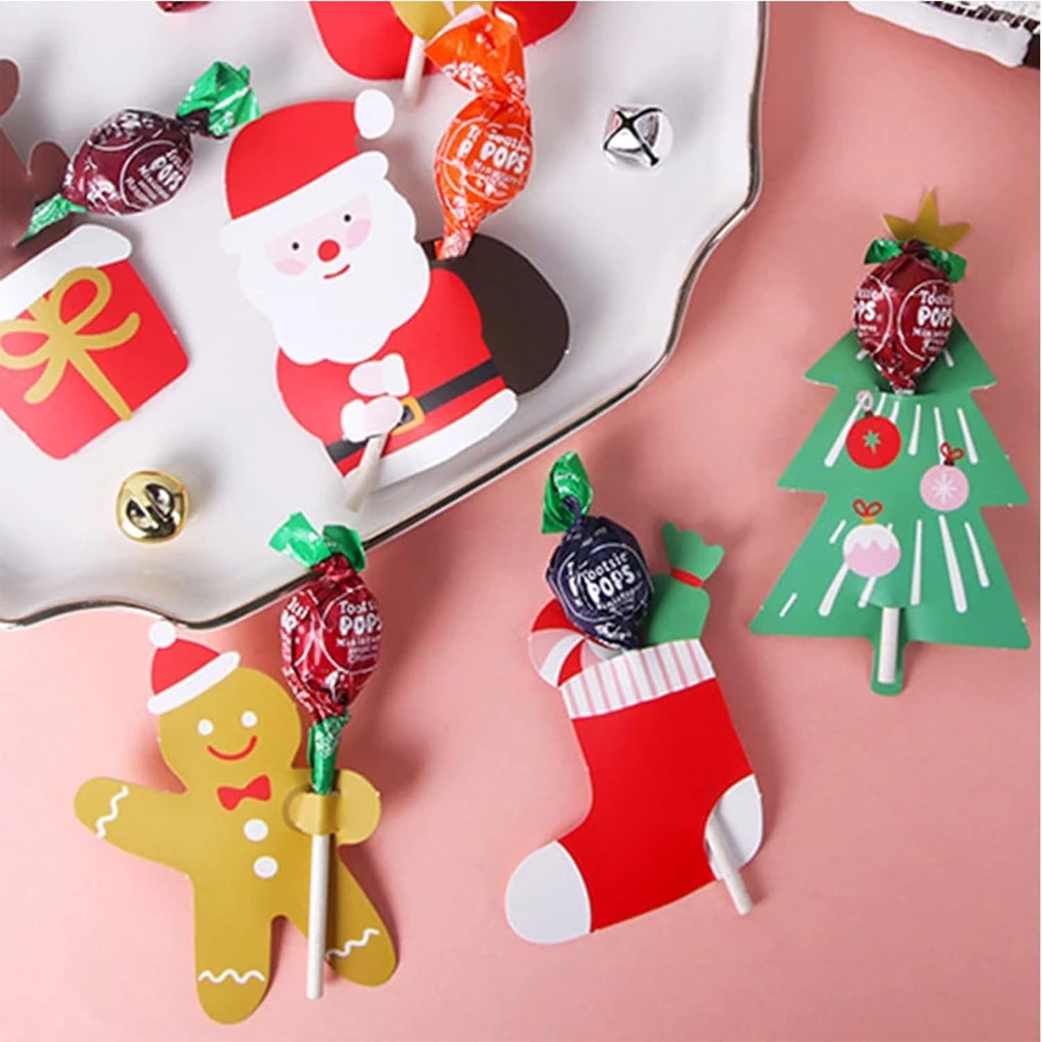 120PCS Christmas Lollipop Paper Cards Candy Chocolate Wraping Supplies,Christmas Tree/Santa/Stocking/Gingerbread Man Candy Holder Sugar-Loaf Candy Wraping Decorations For Christmas Party Supplies