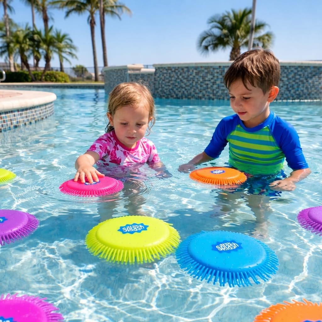 4E's Novelty 6 Pack Water Splash Discs, Throw & Catch Game, Floating Soft Pool Toy, Reusable Splash Balls Bombs, Pool Toys that Float for Kids Adults, Beach Games, Outdoor Water Games