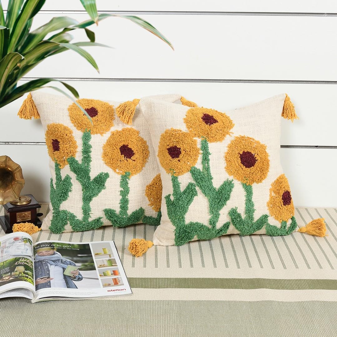 Kravika Boho Cushion Covers, Set of 5, Soft and Cozy Tufting in Sunflower Design, 16"X16" Inch(40X40 cm), Multipurpose Throw Pillow for Sofa/Couch/Bed/Diwan/Office Chair. (5) (B0CM21F335) Amazon Price History, Amazon Price Tracker