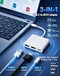 AIRSKY USB-C Adaptateur numérique Av Multiport, USB C à HDTV Adaptateur pour iPhone 15/16 à TV Port à deux voies, USB3.1 et charge rapide 4K HDTV Sortie compatible avec Iphone15 / 16 Ipad pro Mackbook Pro | 3-in-1 hub supporte 4K@60Hz, 100W PD le chargement, US