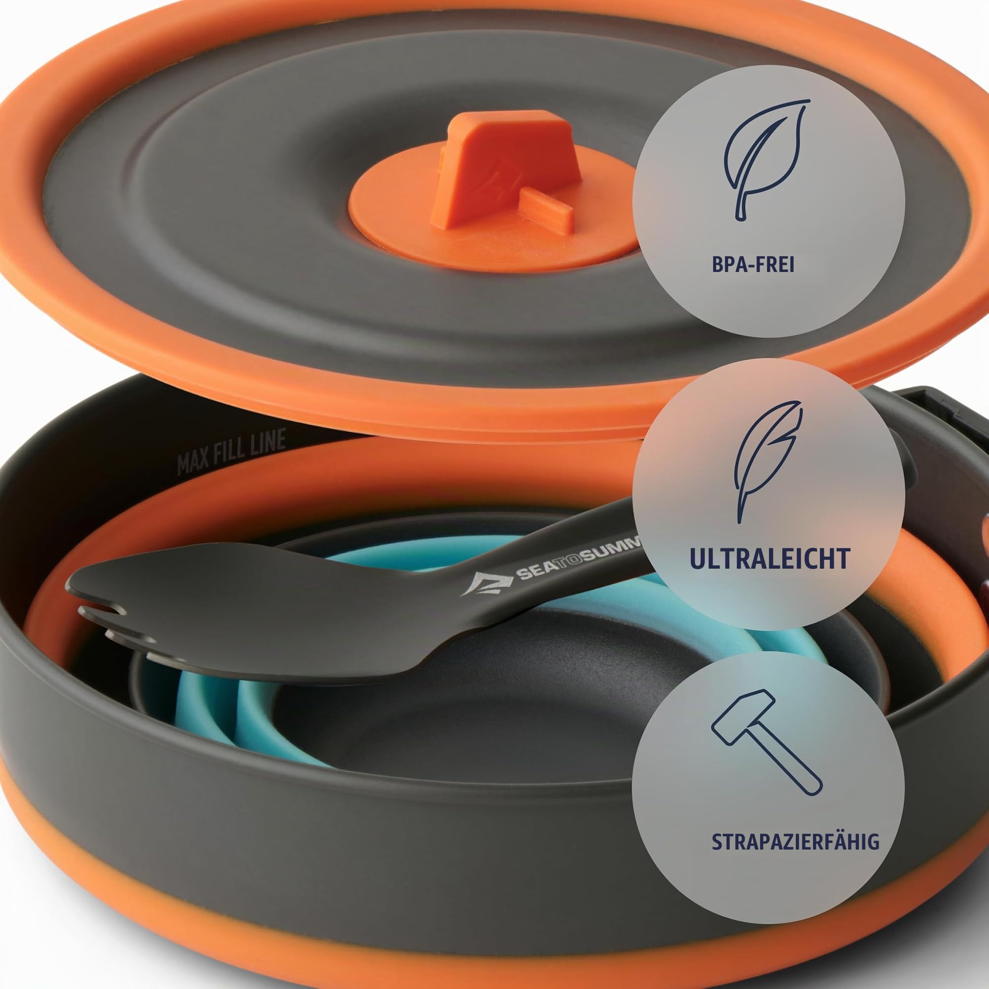 Sea to Summit - Frontier Ultralight Collapsible One Pot Cook Set - 1 Person, 3-teilig - 1 L Topf + Becher + Göffel - ohne PFAS & Langlebig - Camping-Kochgeschirr aus harteloxiertem Aluminium - 259 g
