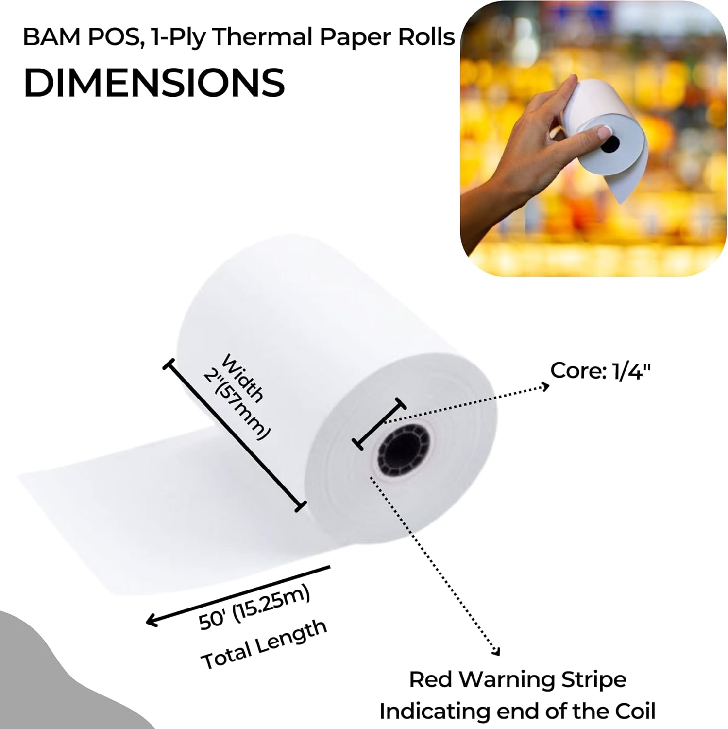BAM POS Thermal Paper 2 1/4 x 50' (50 Rolls), BPA Free, Crisp & Clear Images, Fits Most Compact Mobile Receipt Printers Such as Verifone, Square and Clover