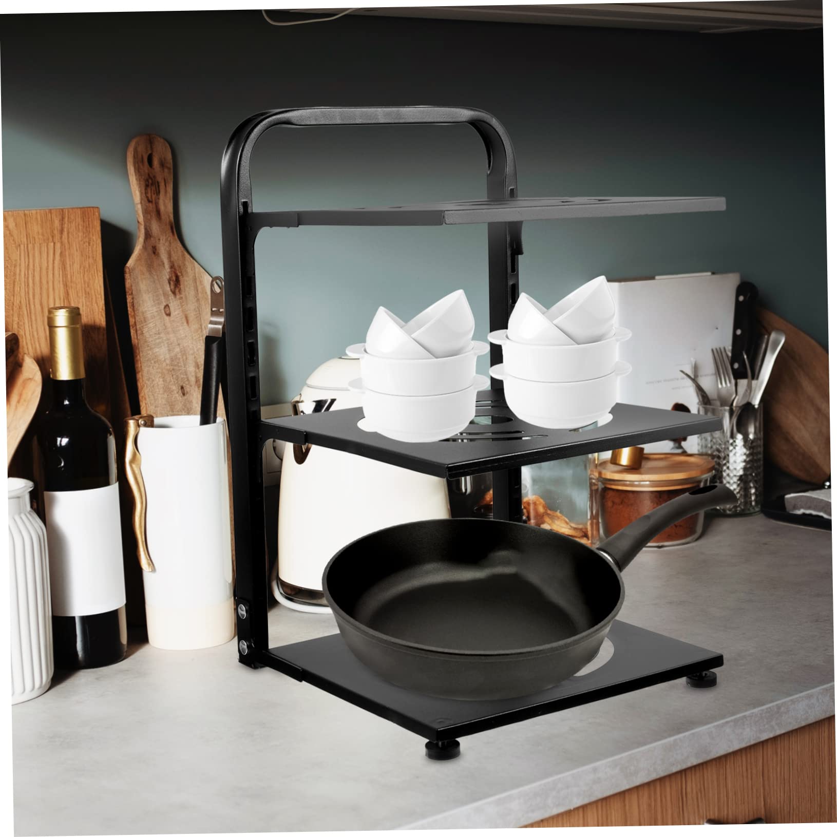 GLEAVI Organizzatore per Pentole Regolabile per Padelle da Cucina in Acciaio al Carbonio Organizer per Utensili Multistrato Contenitore per Pentole e Coperchi