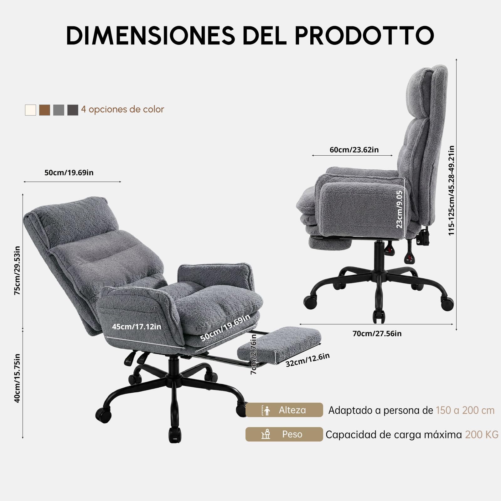 Silla Oficina con Respaldo Alto, Silla Escritorio para Trabajar Largas Horas, Tela de Peluche, Silla Oficina Ergonomica con Reposabrazos Abatibles, Ejecutiva Silla Gaming con Reposapies, Gris