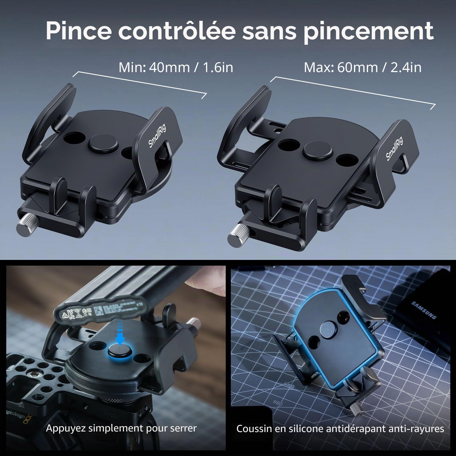 SMALLRIG Support Universel ssd avec Serre-câble pour Griffe de Flash, Largeur de Serrage 40 à 60 mm, Compatible Samsung T5/T7 et Sandisk SSD, pour iPhone et appareils Photo